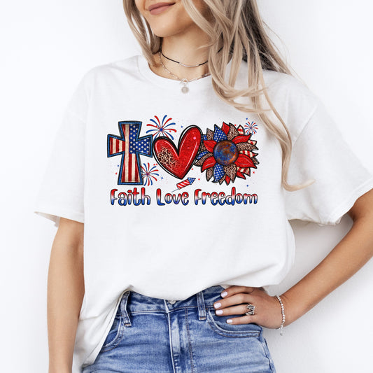 Faith love freedom T-Shirt gift America July 4th Cross Heart Sunflower Tee Sand White Sport Grey-White-Family-Gift-Planet