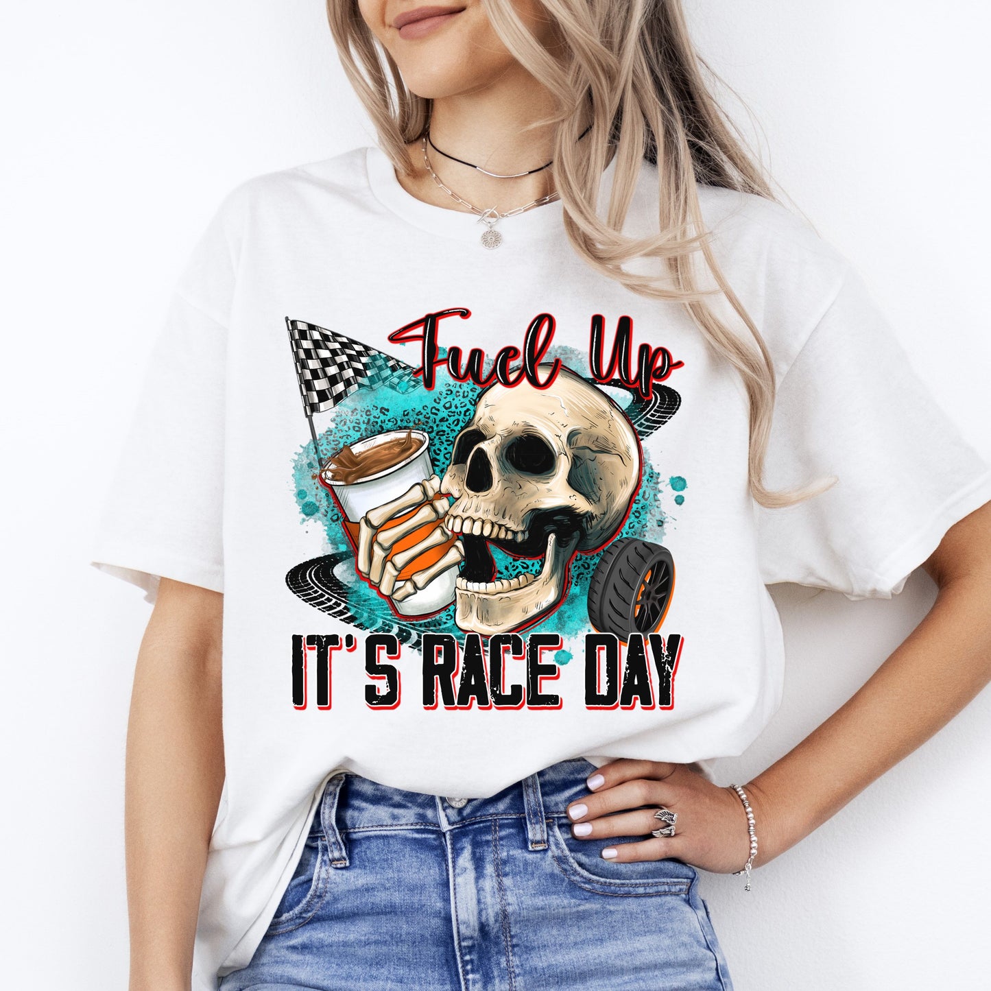 Fuel up its race day T-Shirt gift Skull coffee racer racing girl Unisex tee Sand White Sport Grey-White-Family-Gift-Planet