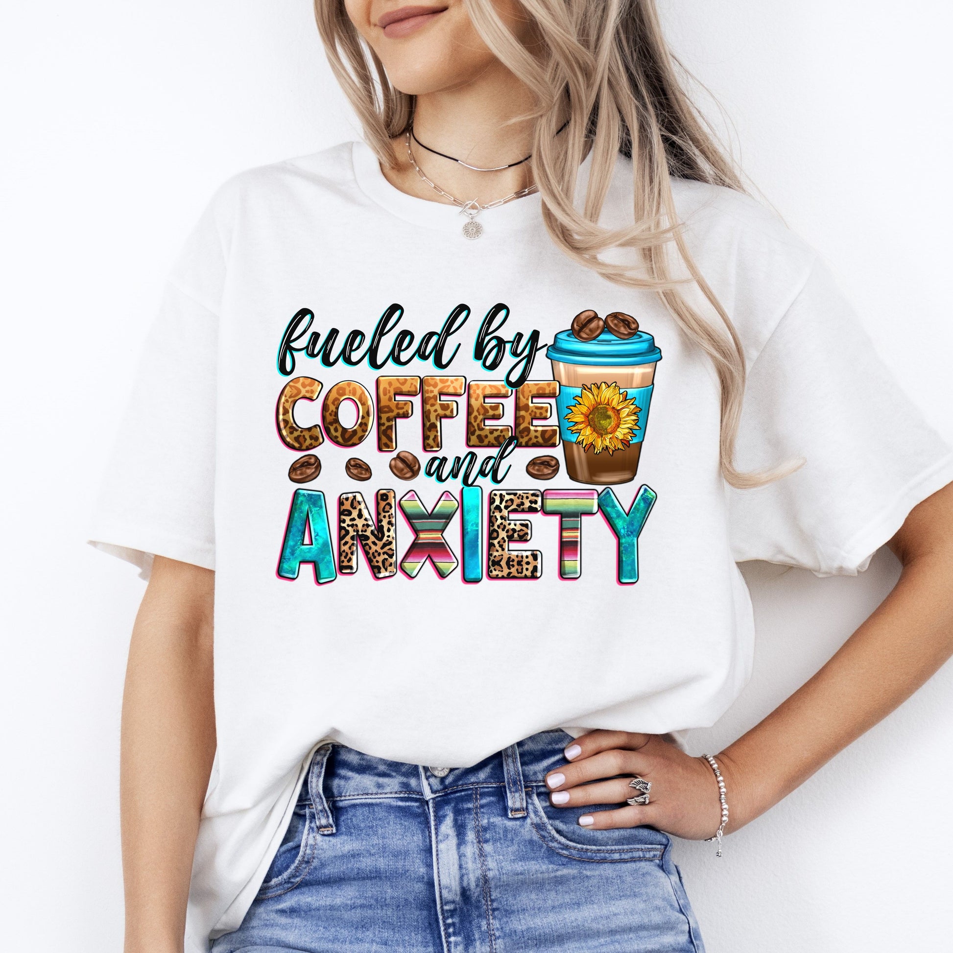 Fueled by coffee and anxiety T-Shirt gift Sunflower coffee lover Unisex tee Sand White Sport Grey-White-Family-Gift-Planet