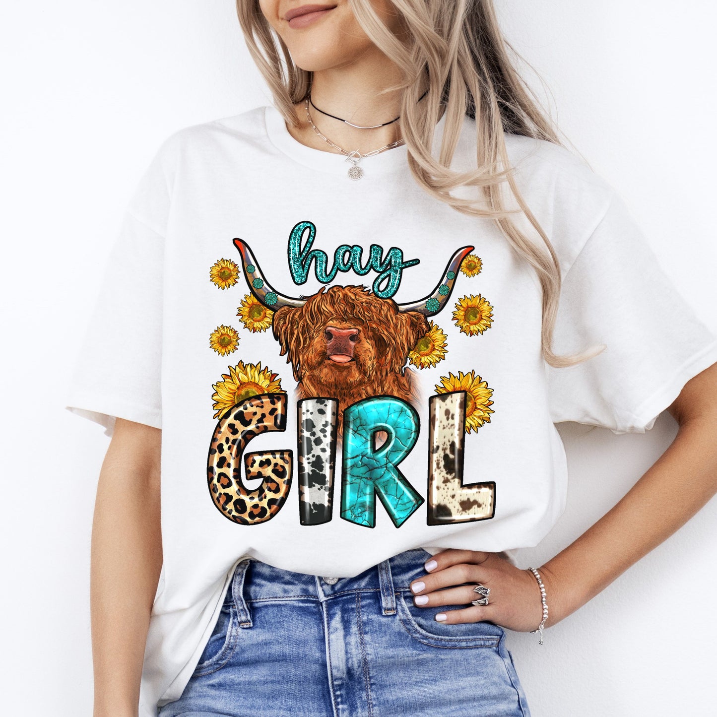 Hay girl T-Shirt gift Western Sunflower highland cow Texas girl Unisex tee Sand White Sport Grey-White-Family-Gift-Planet