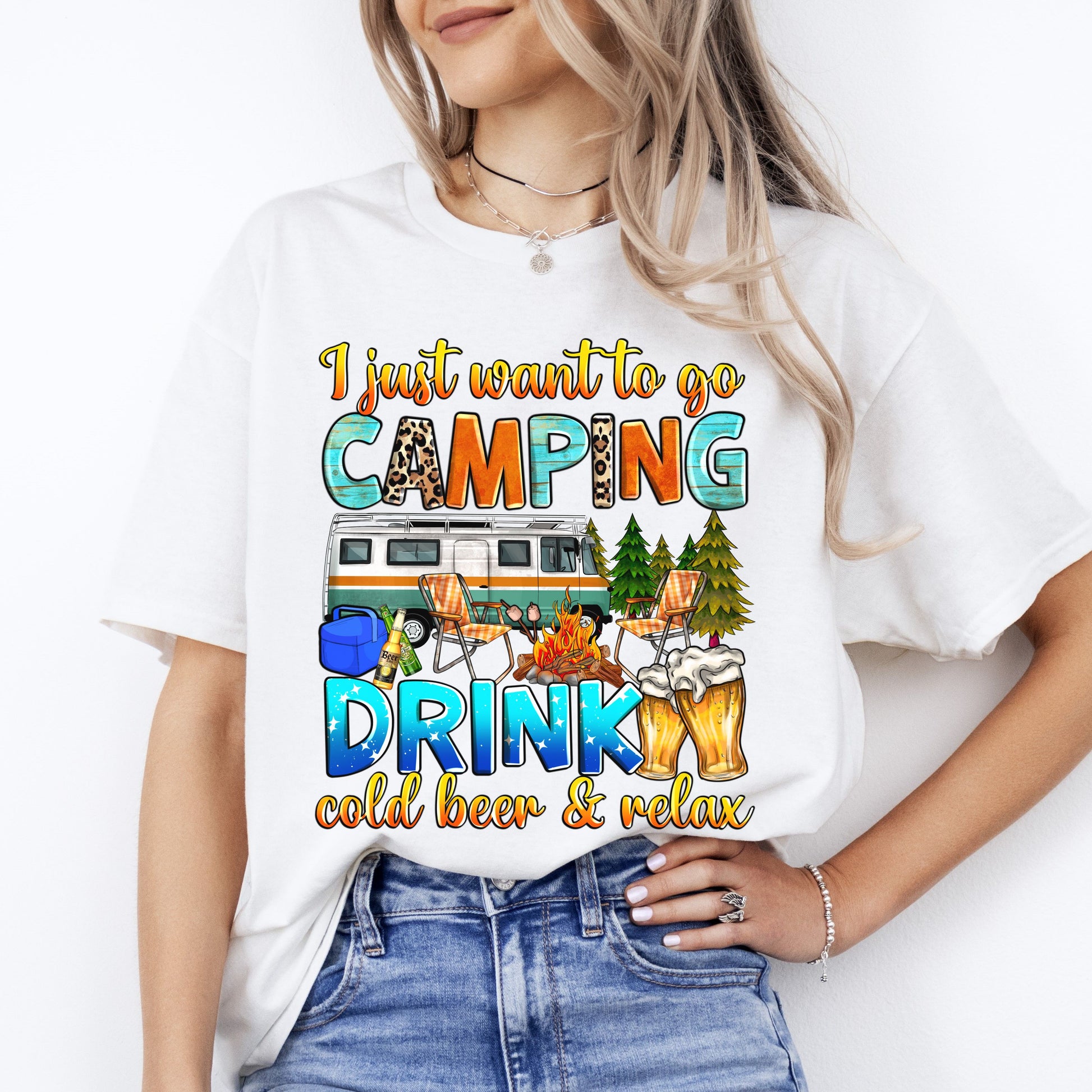 I just want to go camping T-Shirt cold beer camper Unisex Tee Sand White Sport Grey-White-Family-Gift-Planet