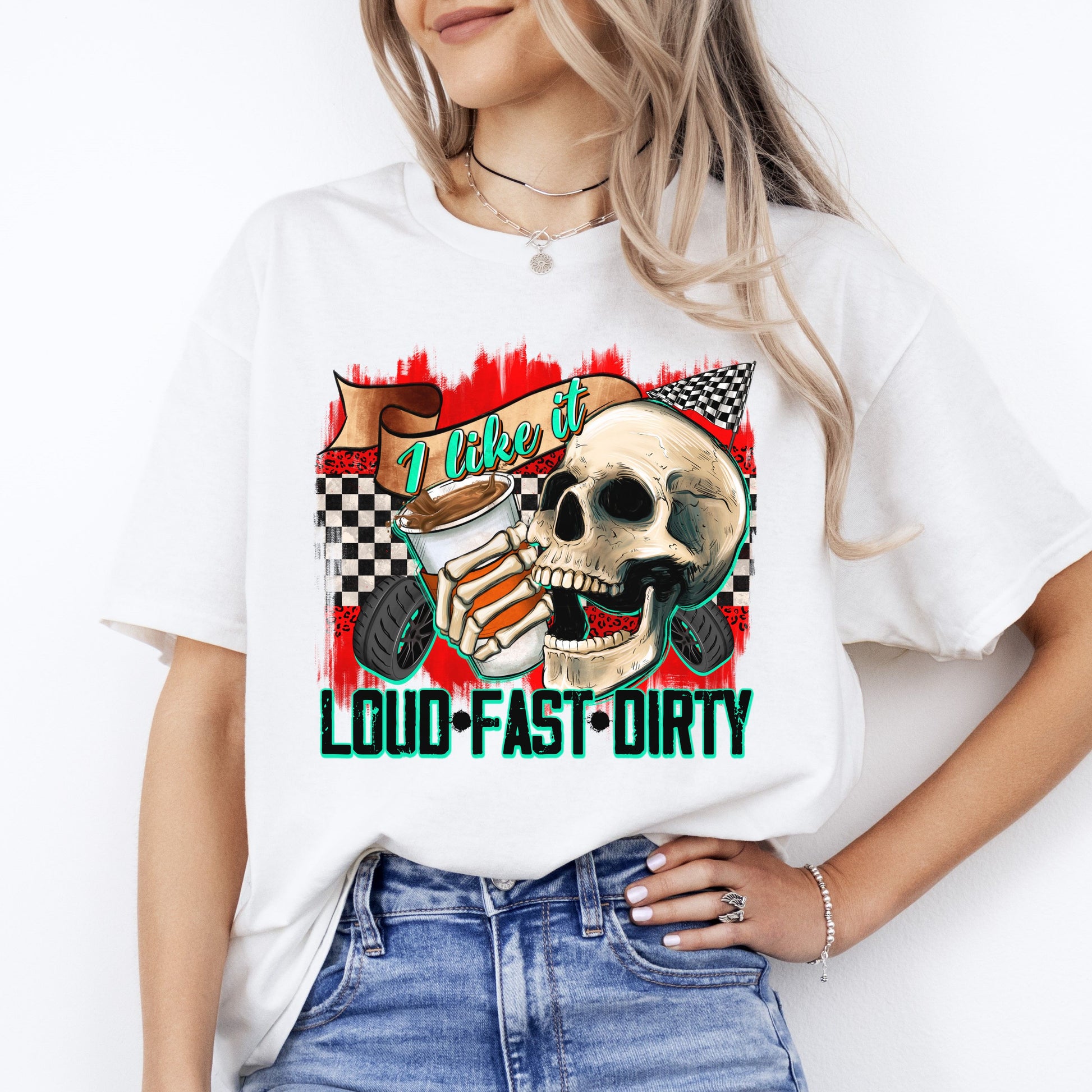 Funny Racer T-Shirt Race Skull I like it loud fast dirty Racing day Unisex Tee Sand White Sport Grey-White-Family-Gift-Planet