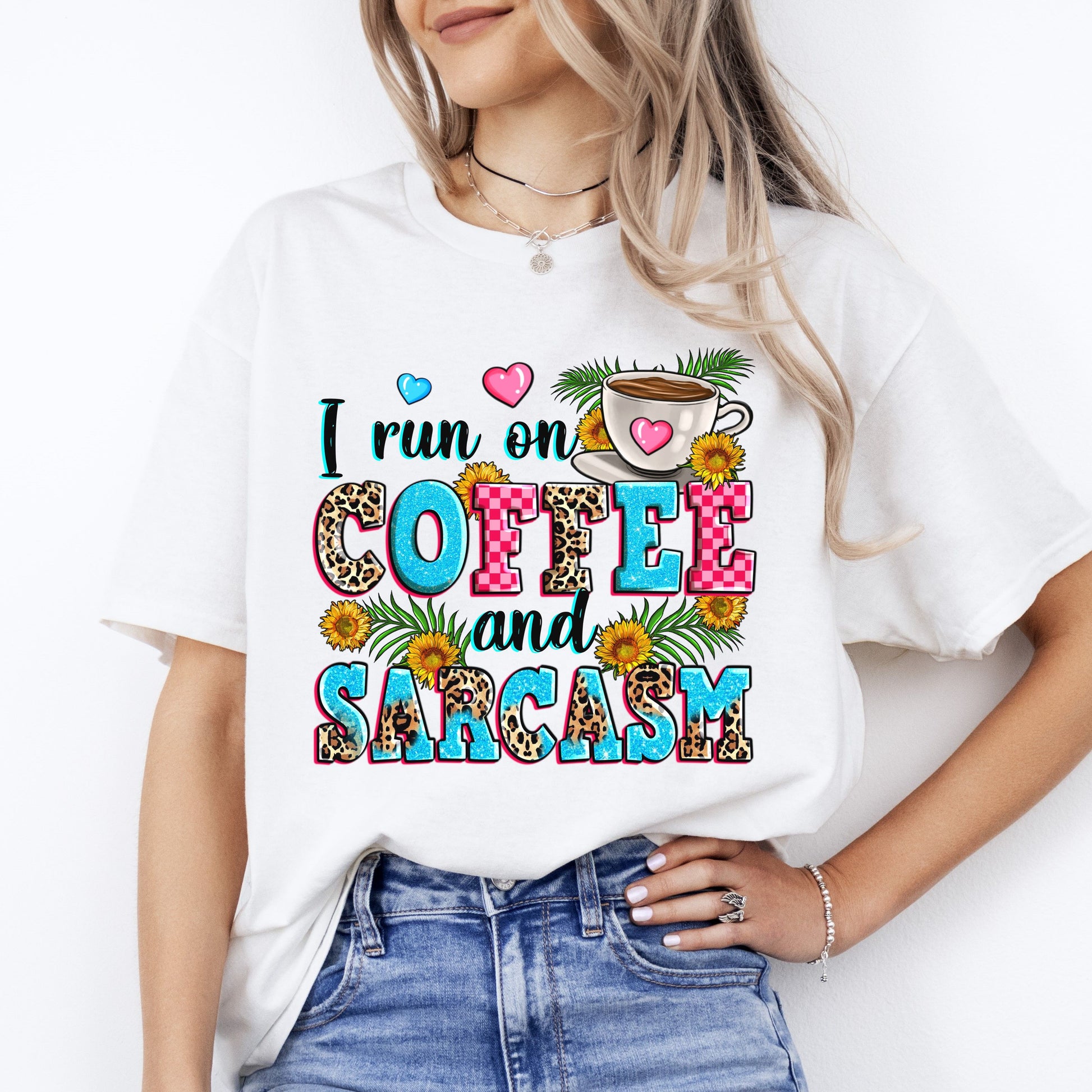 I run on coffee and sarcasm T-Shirt sarcastic coffee hearts flowers Unisex Tee Sand White Sport Grey-White-Family-Gift-Planet