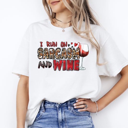 I run on sarcasm and wine T-Shirt Sarcastic wine lover Unisex Tee Sand White Sport Grey-White-Family-Gift-Planet