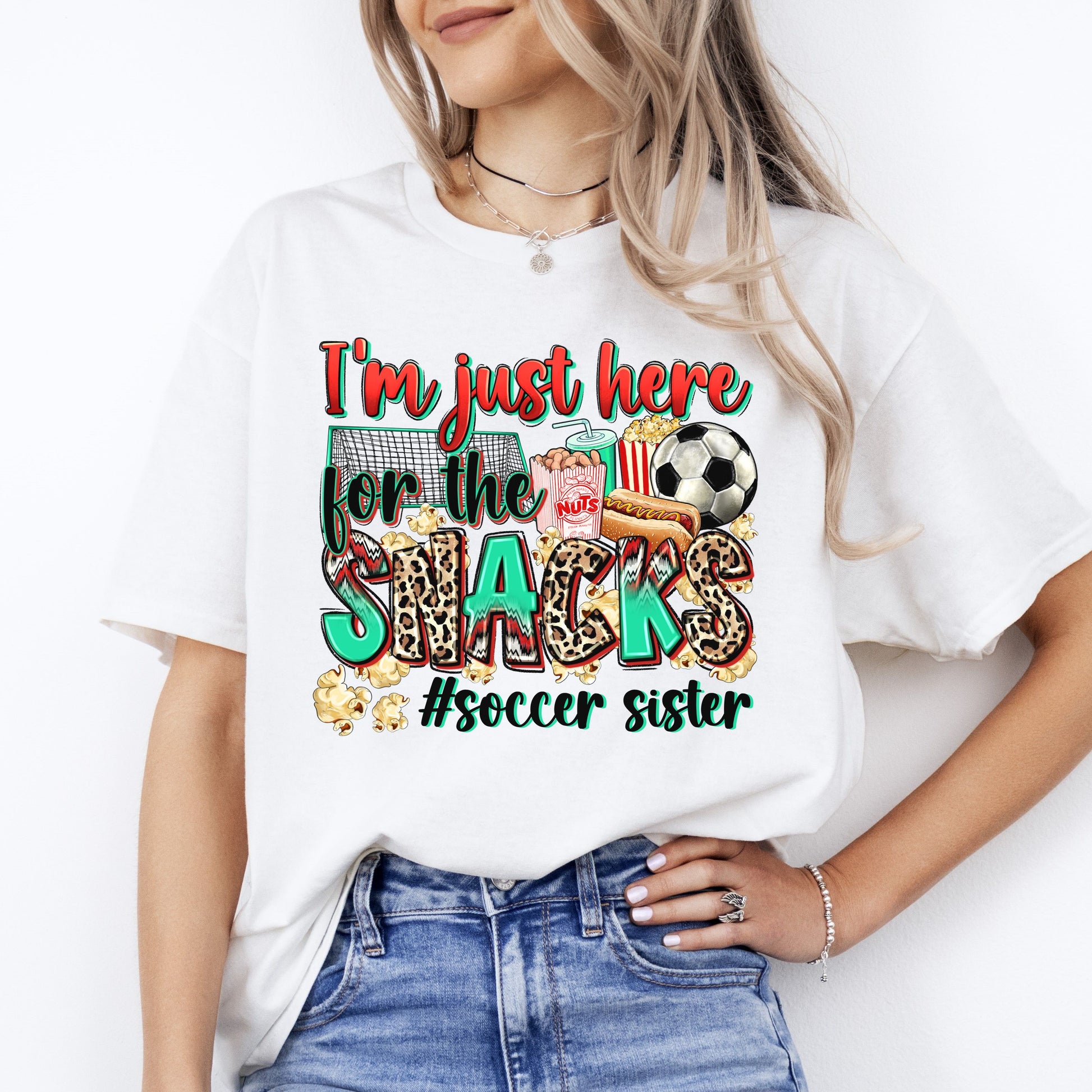 Soccer sister T-Shirt Soccer cheer I'm just here for the snacks Unisex Tee Sand White Sport Grey-White-Family-Gift-Planet