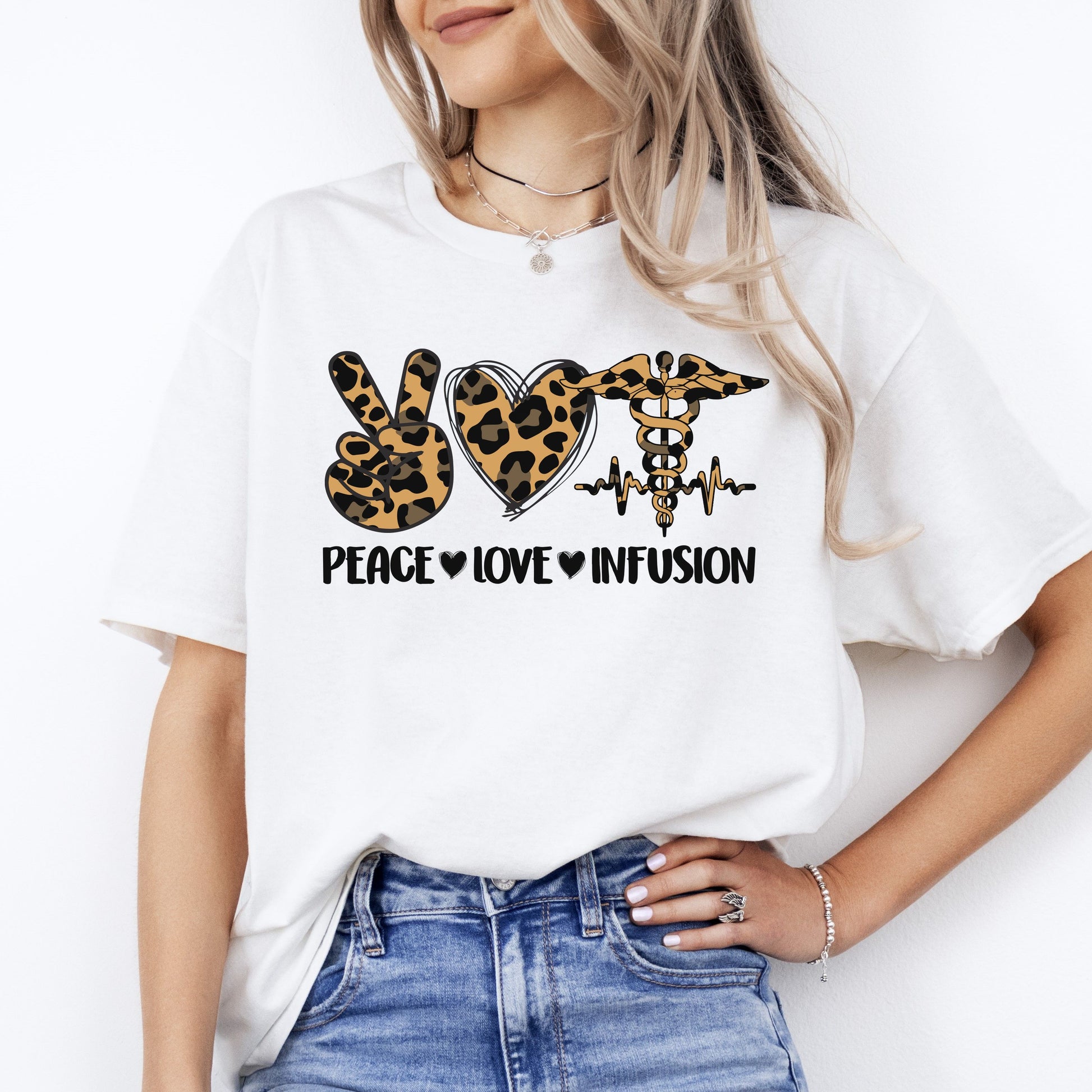 Peace Love Infusion T-Shirt Leopard skin Oncology Infusion Nurse Unisex Tee Sand White Sport Grey-White-Family-Gift-Planet