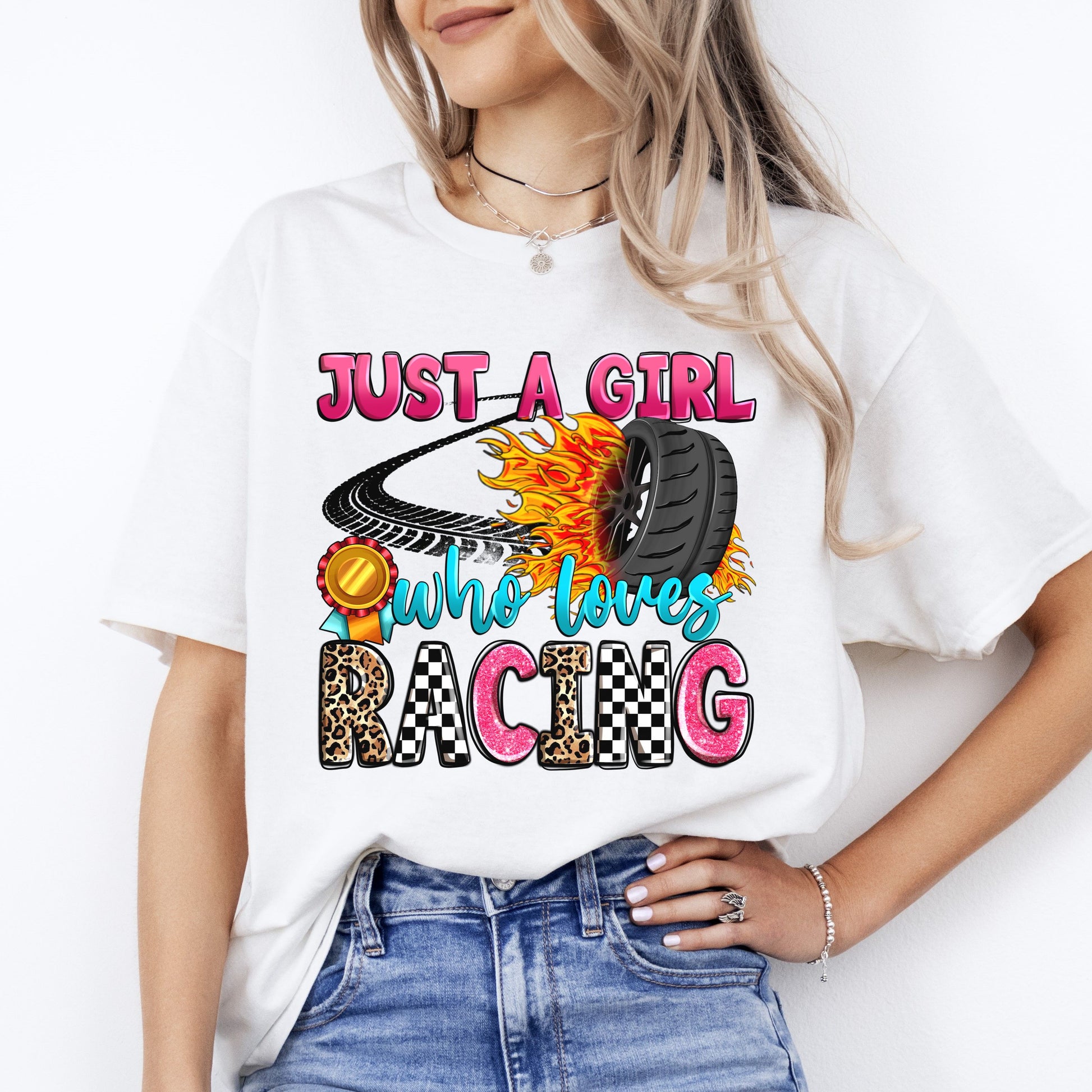 Just a girl who loves racing T-Shirt gift Racer Racing girl race day Unisex tee Sand White Sport Grey-White-Family-Gift-Planet