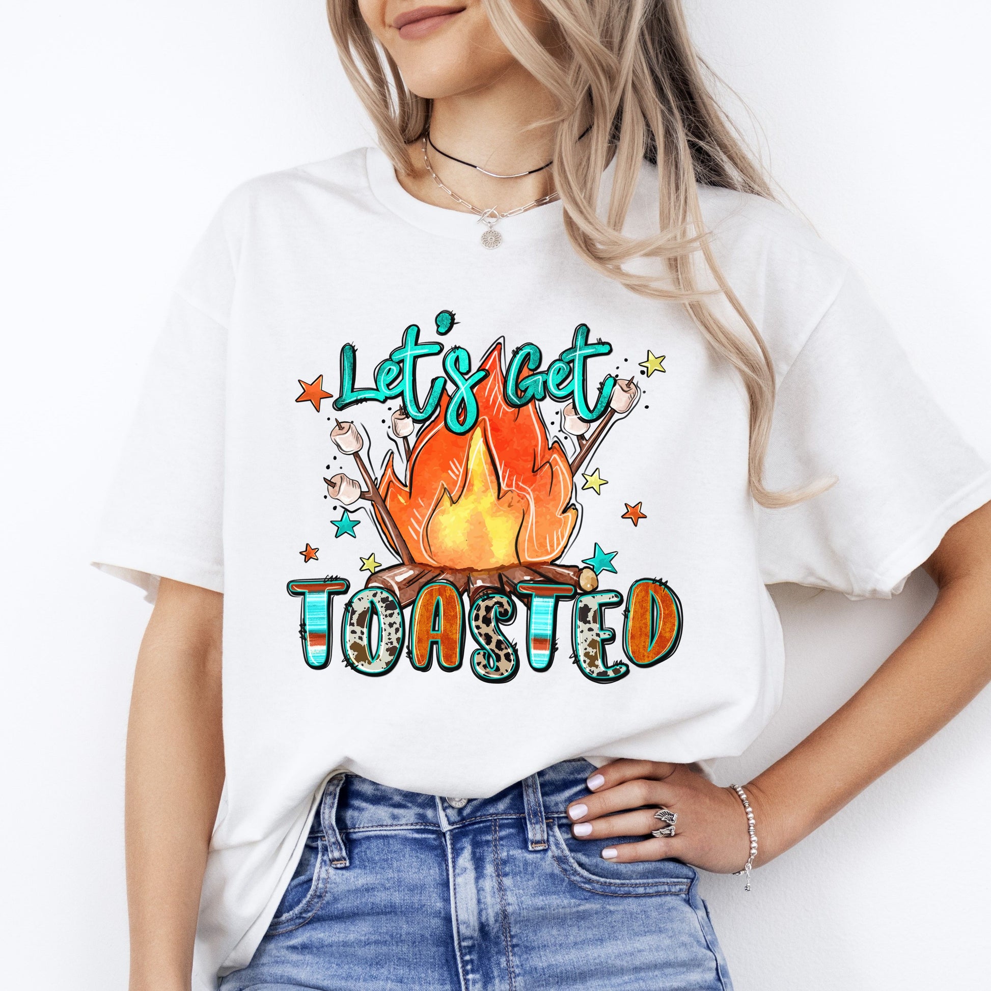 Lets get toasted T-Shirt gift Summer fire camp marshmallow Unisex Tee Sand White Sport Grey-White-Family-Gift-Planet