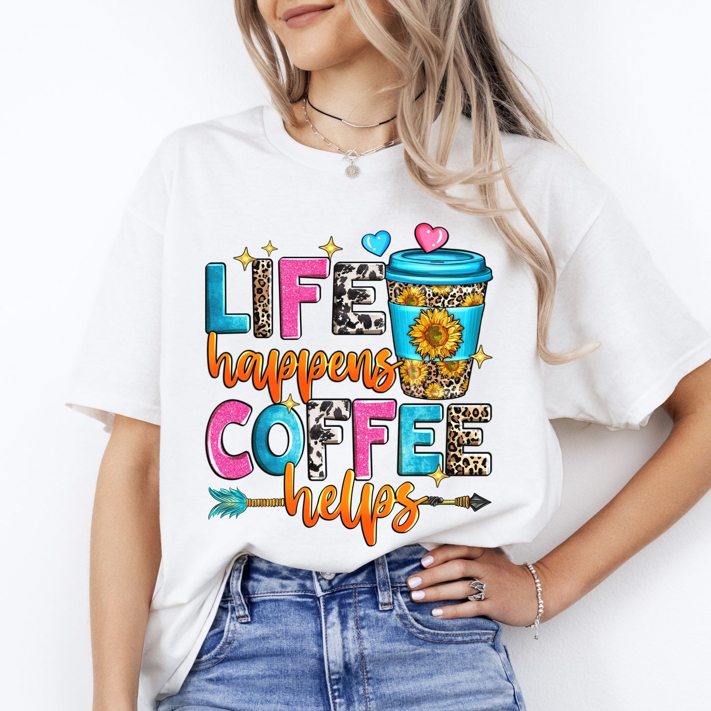 Life happens coffee helps T-Shirt gift Western summer coffee lover Unisex Tee Sand White Sport Grey-White-Family-Gift-Planet