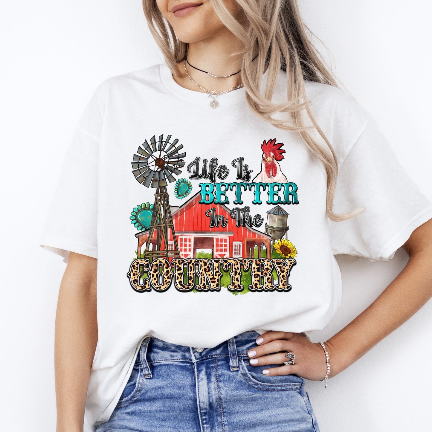 Life is better in the country T-Shirt gift Western Farm Rooster Unisex Tee Sand White Sport Grey-White-Family-Gift-Planet