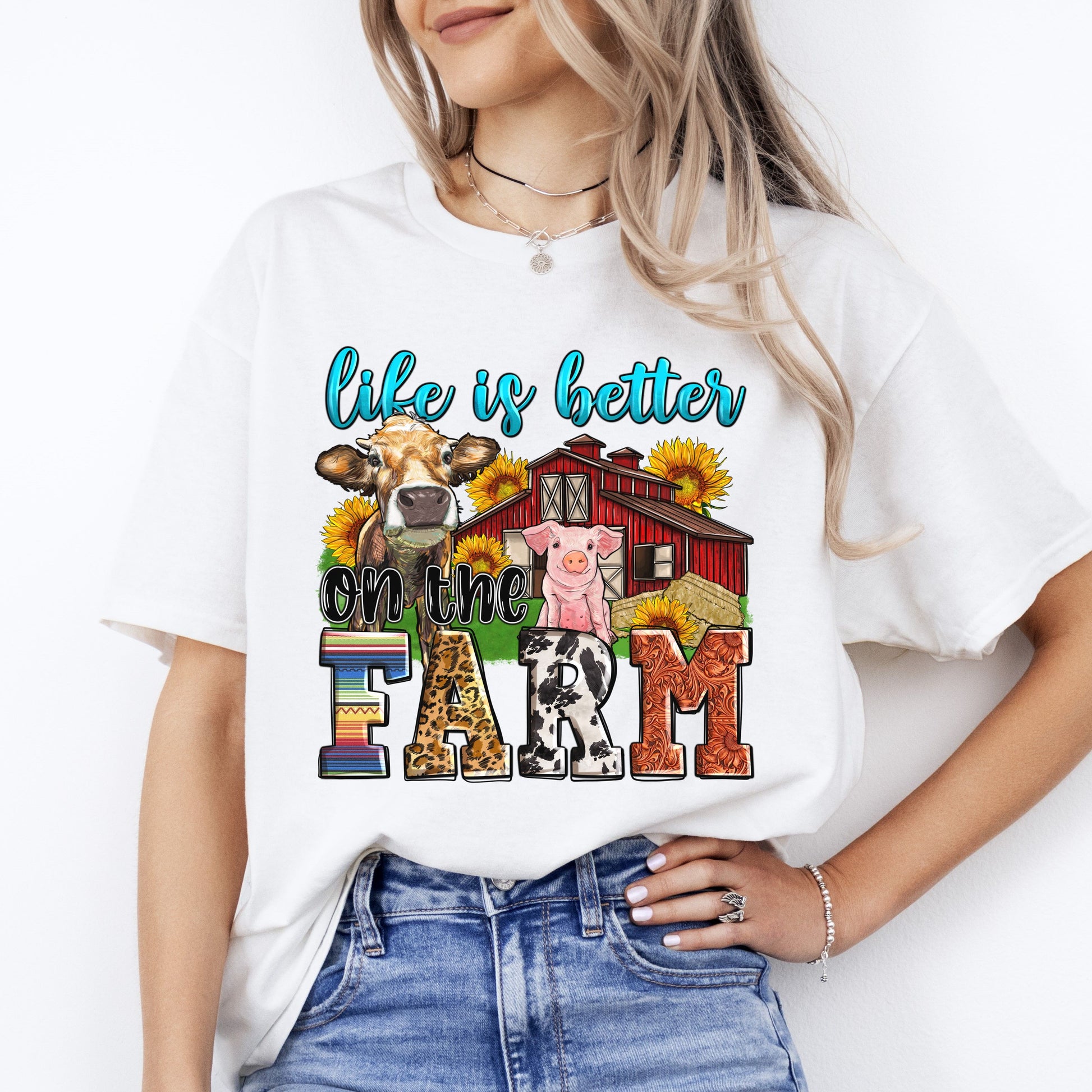 Life is better on the farm T-Shirt gift Cow pig farmer girl Unisex Tee Sand White Sport Grey-White-Family-Gift-Planet