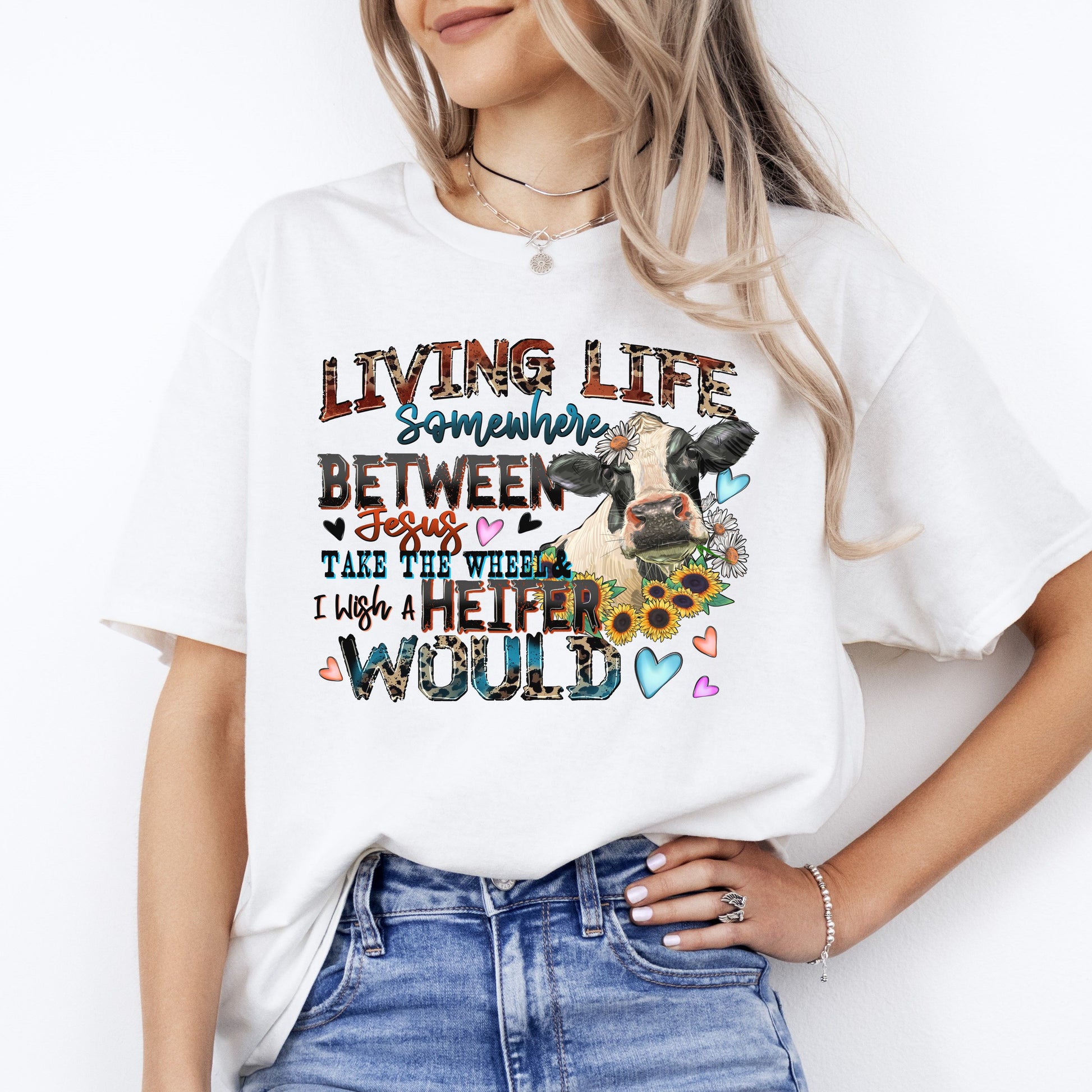 Living life somewhere between Jesus take the wheel T-Shirt gift Farm girl Unisex Tee Sand White Sport Grey-White-Family-Gift-Planet