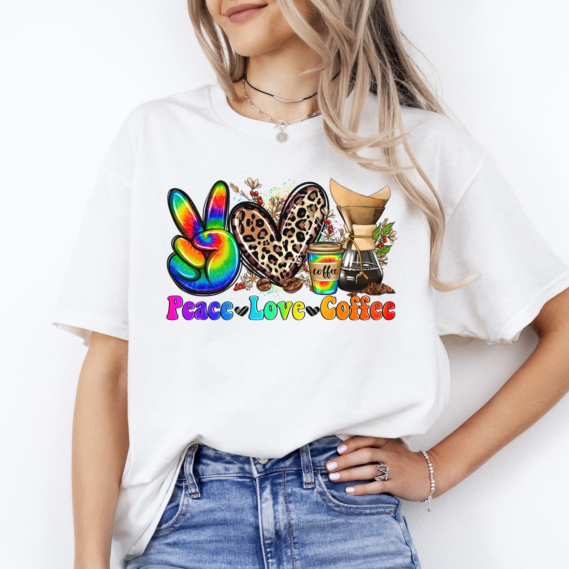 Peace Love Coffee T-shirt gift Coffee lover rainbow colorful leopard heart tee-White-Family-Gift-Planet