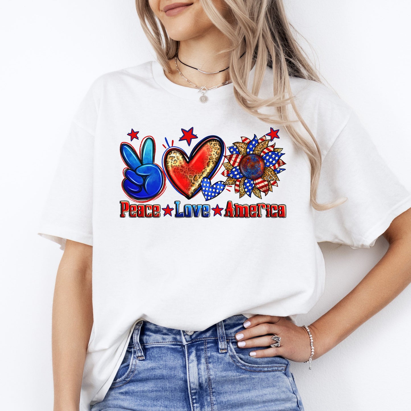 Peace Love America T-shirt gift US patriotic July 4th colorful tee-White-Family-Gift-Planet