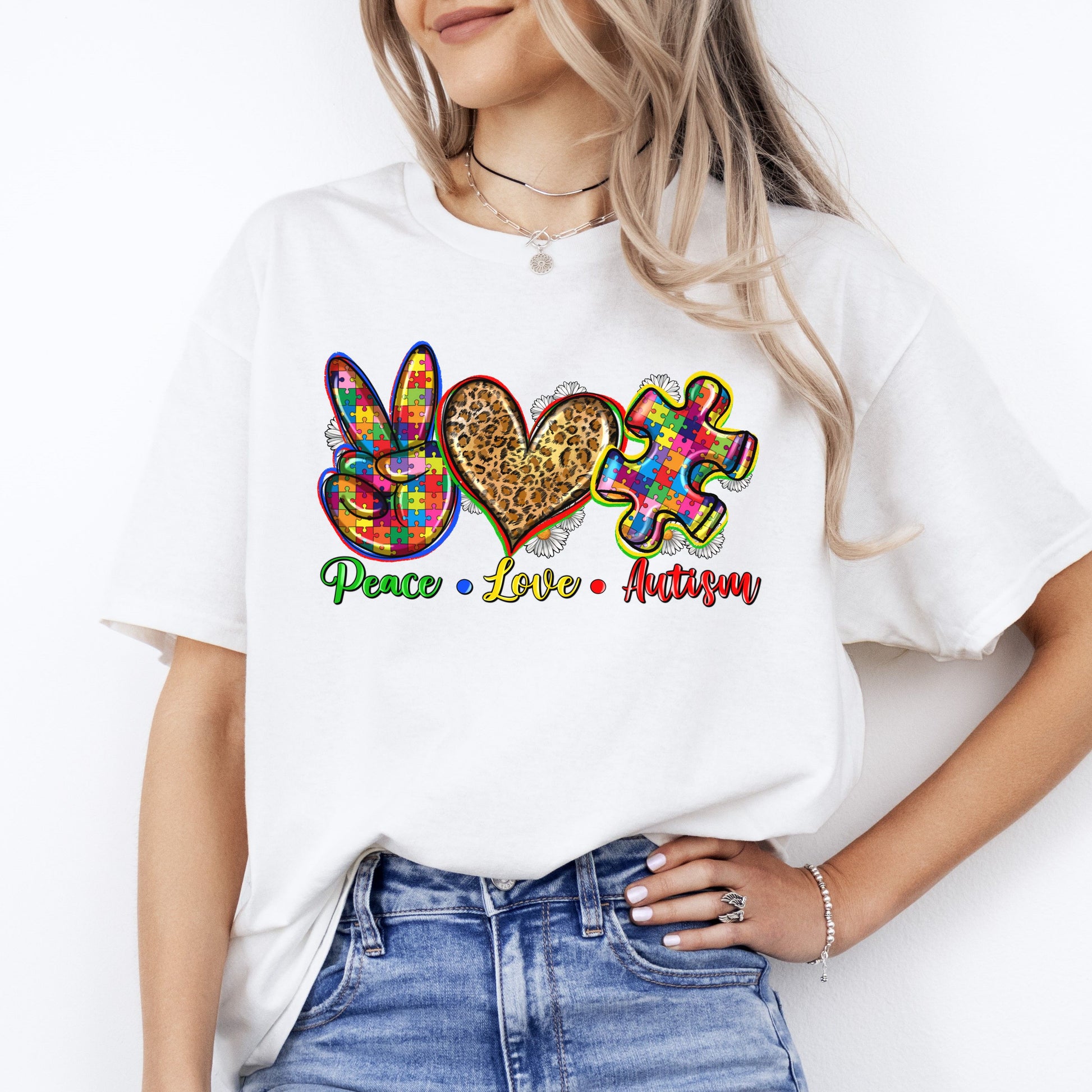 Peace Love Autism T-shirt gift Autist mom autism awareness tee-White-Family-Gift-Planet