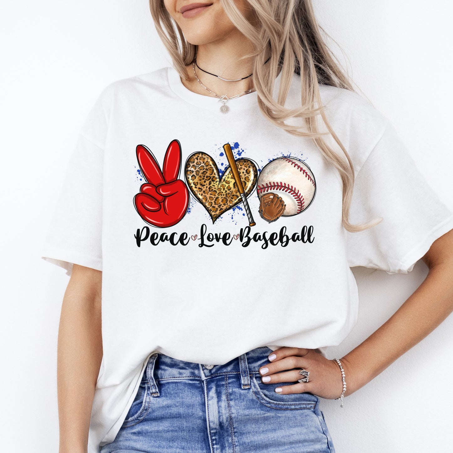 Peace Love Baseball T-shirt gift Baseball player mama leopard heart tee-White-Family-Gift-Planet