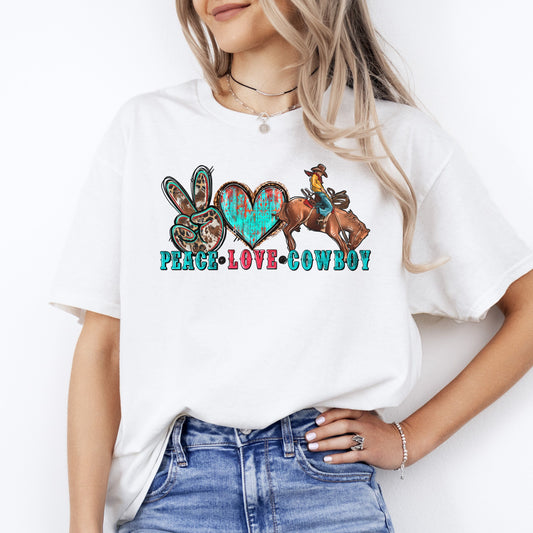 Peace Love Cowboy T-shirt gift Western Texas rodeo cowboy tee-White-Family-Gift-Planet