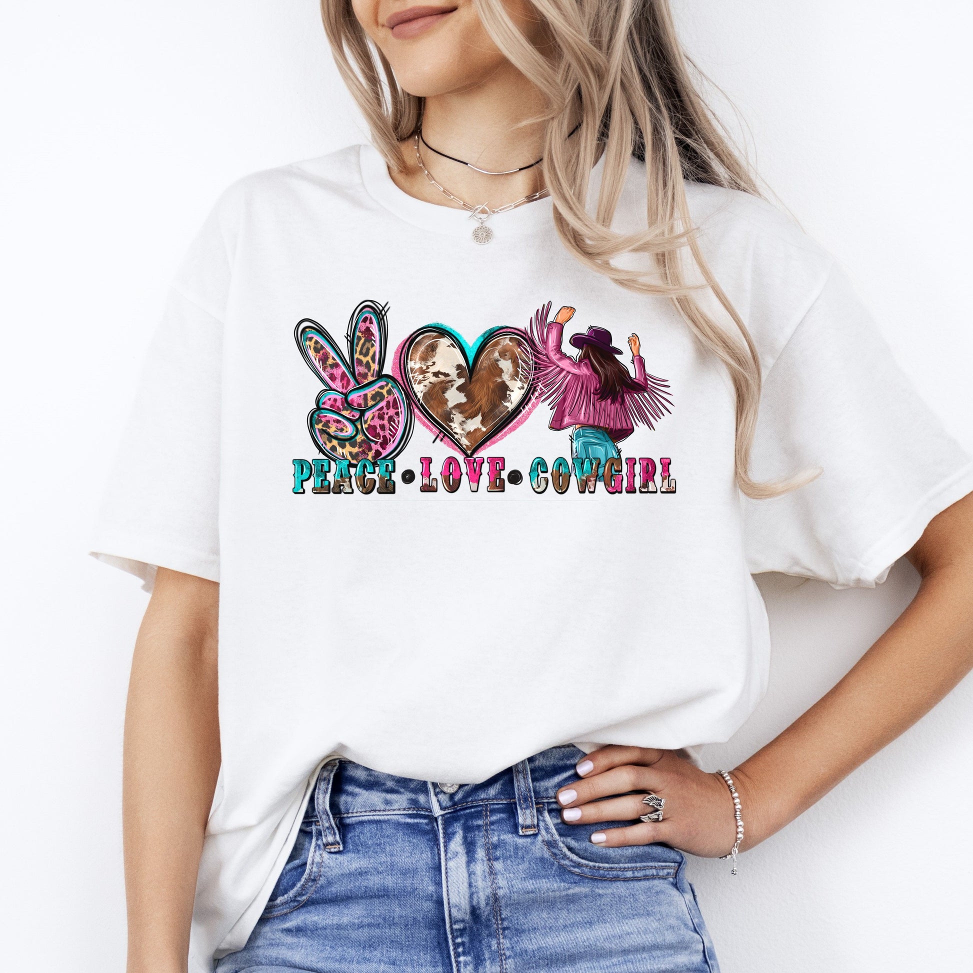 Peace Love Cowgirl T-shirt gift Texas Western cowgirl leopard skin heart tee-White-Family-Gift-Planet