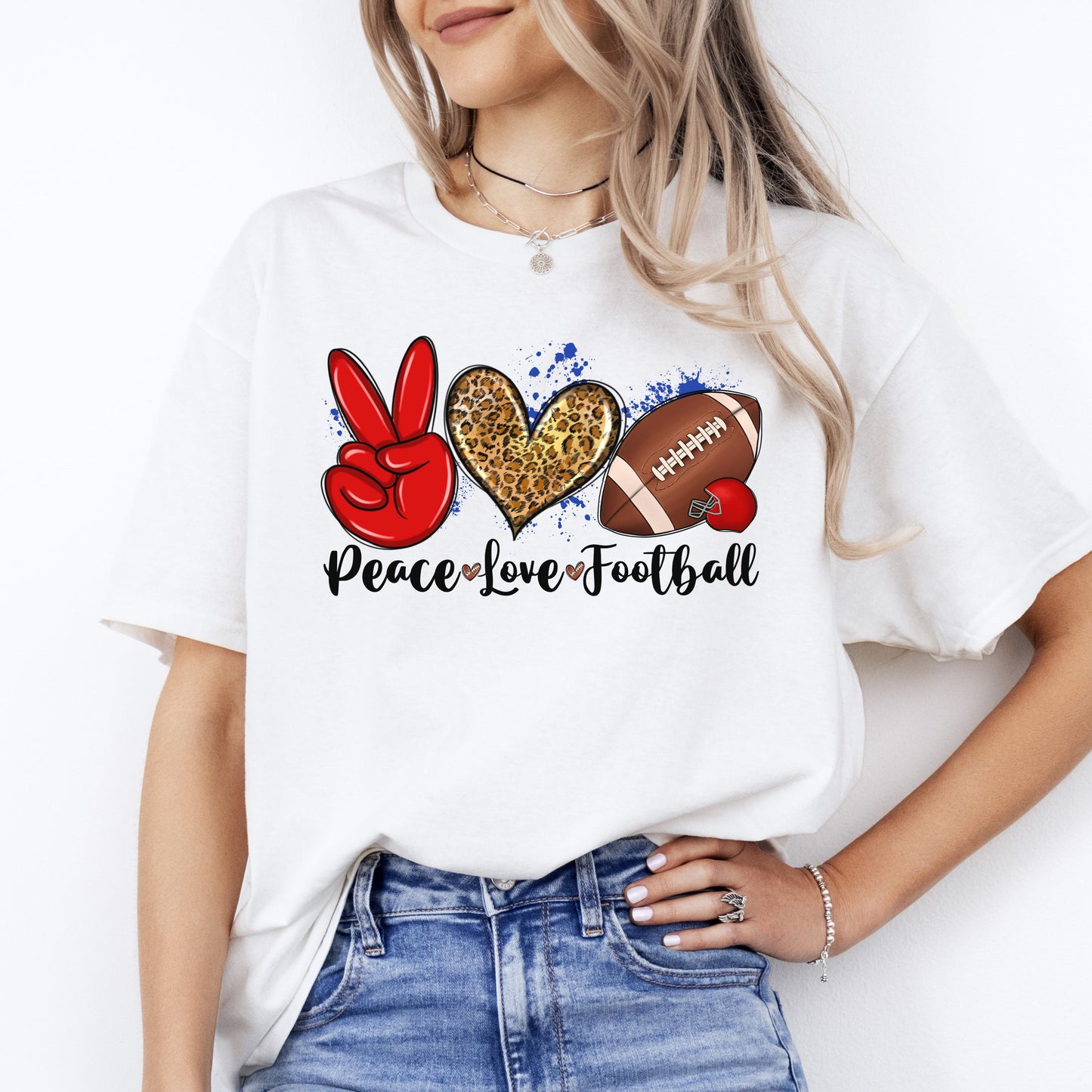 Peace Love Football T-shirt gift Football mama leopard skin heart tee-White-Family-Gift-Planet