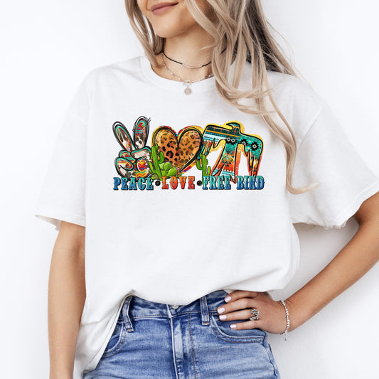 Peace Love Free Bird T-shirt gift Western freebird leopard skin heart tee-White-Family-Gift-Planet