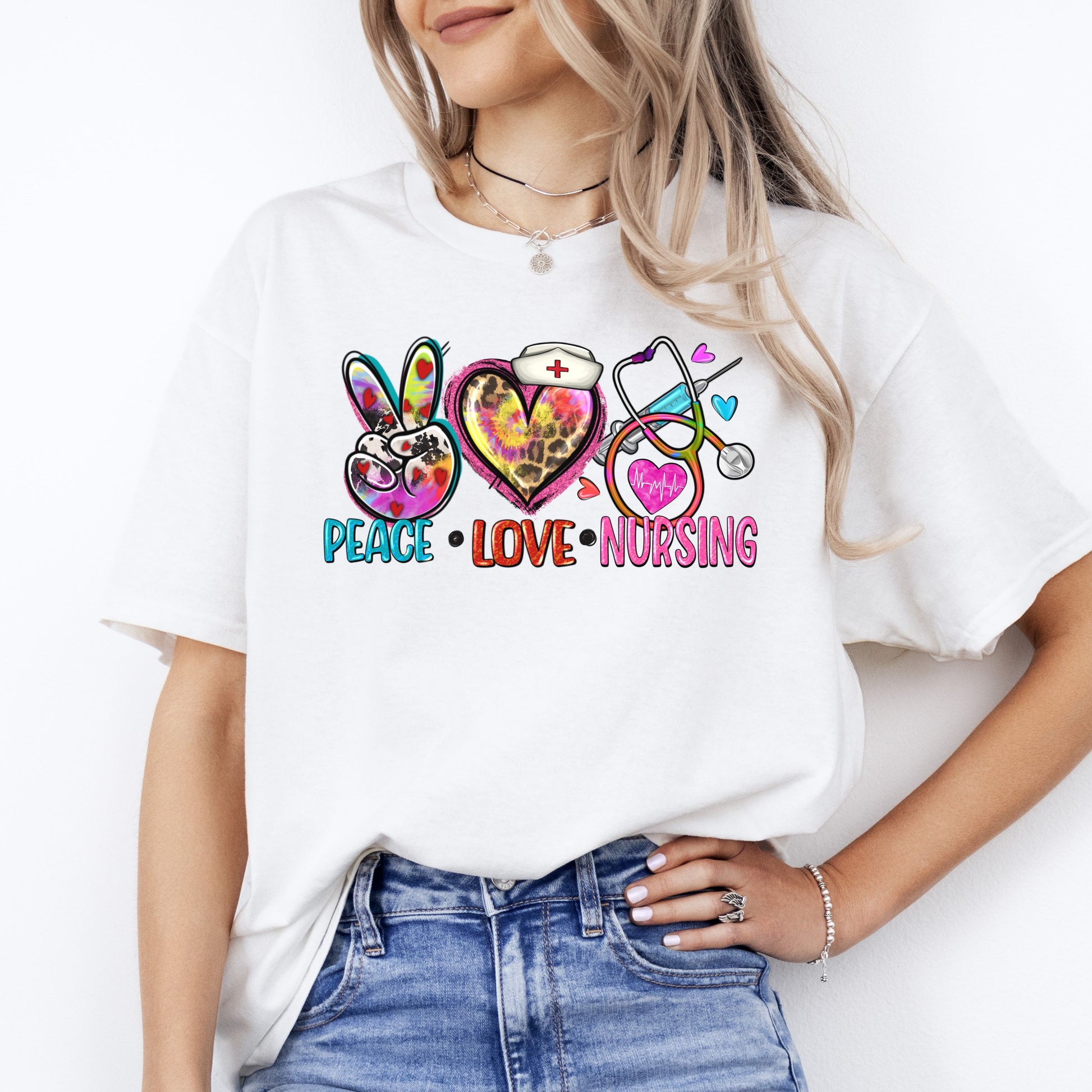 Peace Love Nursing T-shirt gift cute Registered Nurse Practitioner tee-White-Family-Gift-Planet