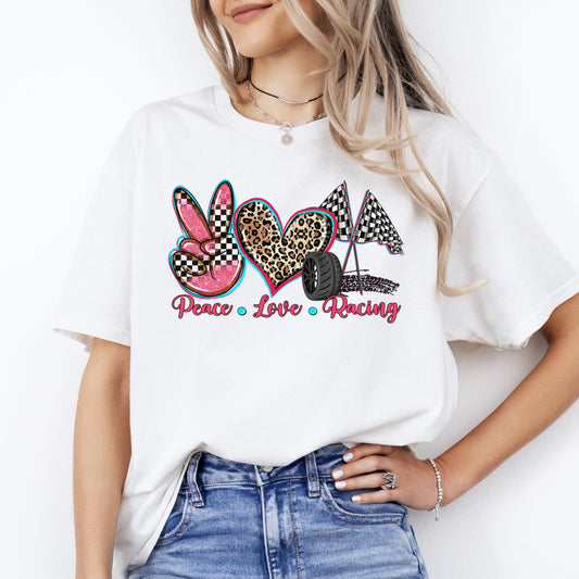 Peace Love Racing T-shirt gift Racer mama Leopard skin heart tee-White-Family-Gift-Planet