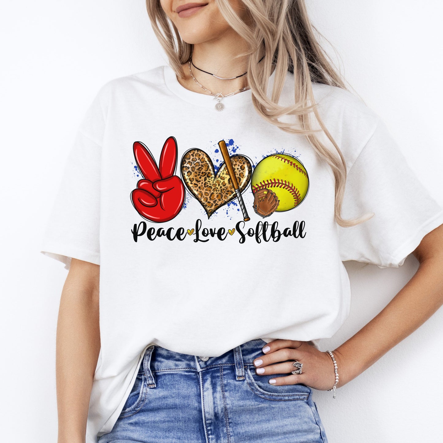 Peace Love Softball T-shirt gift Softball player mama leopard heart tee-White-Family-Gift-Planet