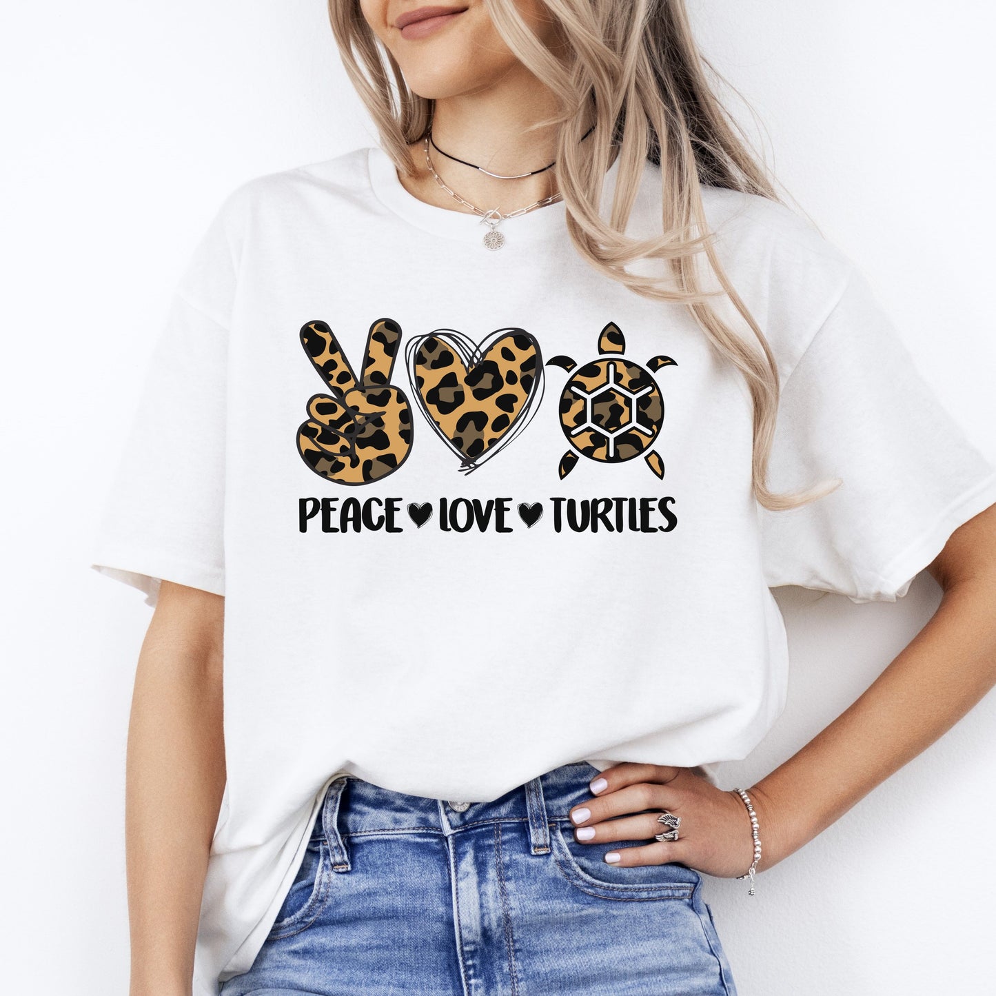 Peace Love Turtles T-Shirt Leopard skin Turtles lover turtles mama Unisex Tee Sand White Sport Grey-White-Family-Gift-Planet