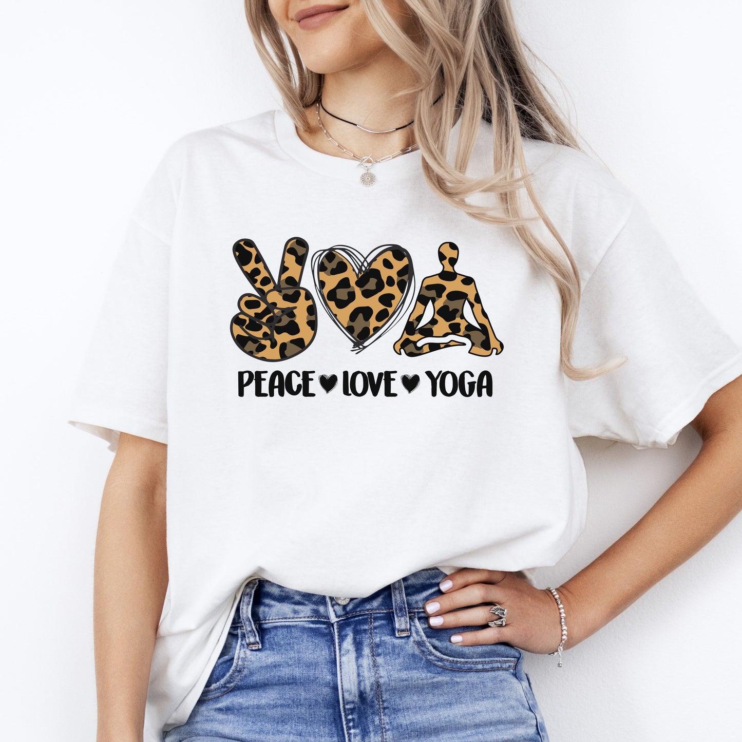 Peace Love Yoga T-Shirt Leopard skin Meditation Yoga Teacher Unisex Tee Sand White Sport Grey-White-Family-Gift-Planet