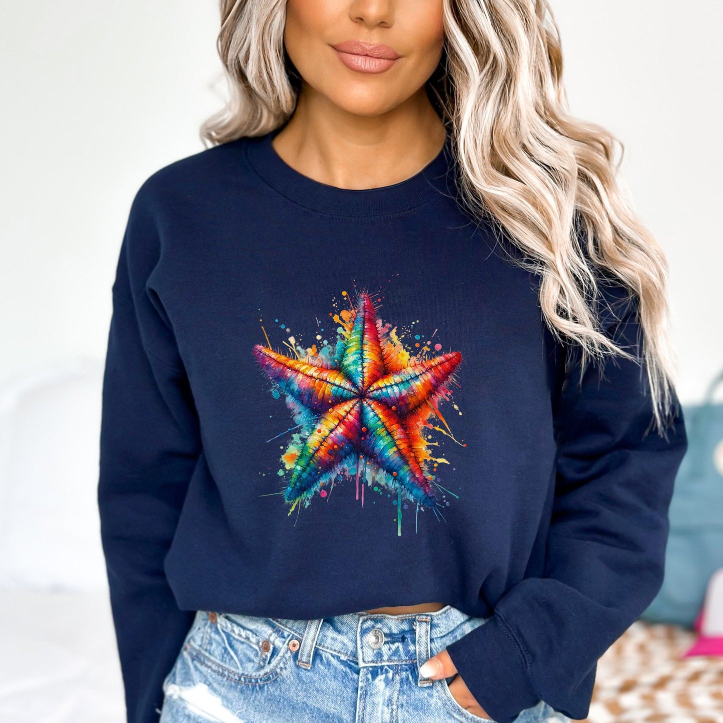 Artistic Sea Star Color Splash Unisex Sweatshirt Black Navy Dark Heather-Navy-Family-Gift-Planet