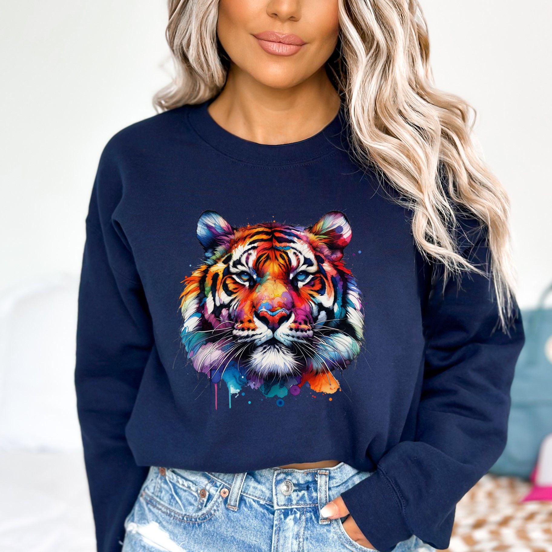 Bright colorful majestic tiger Color Splash Unisex Sweatshirt Black Navy Dark Heather-Navy-Family-Gift-Planet