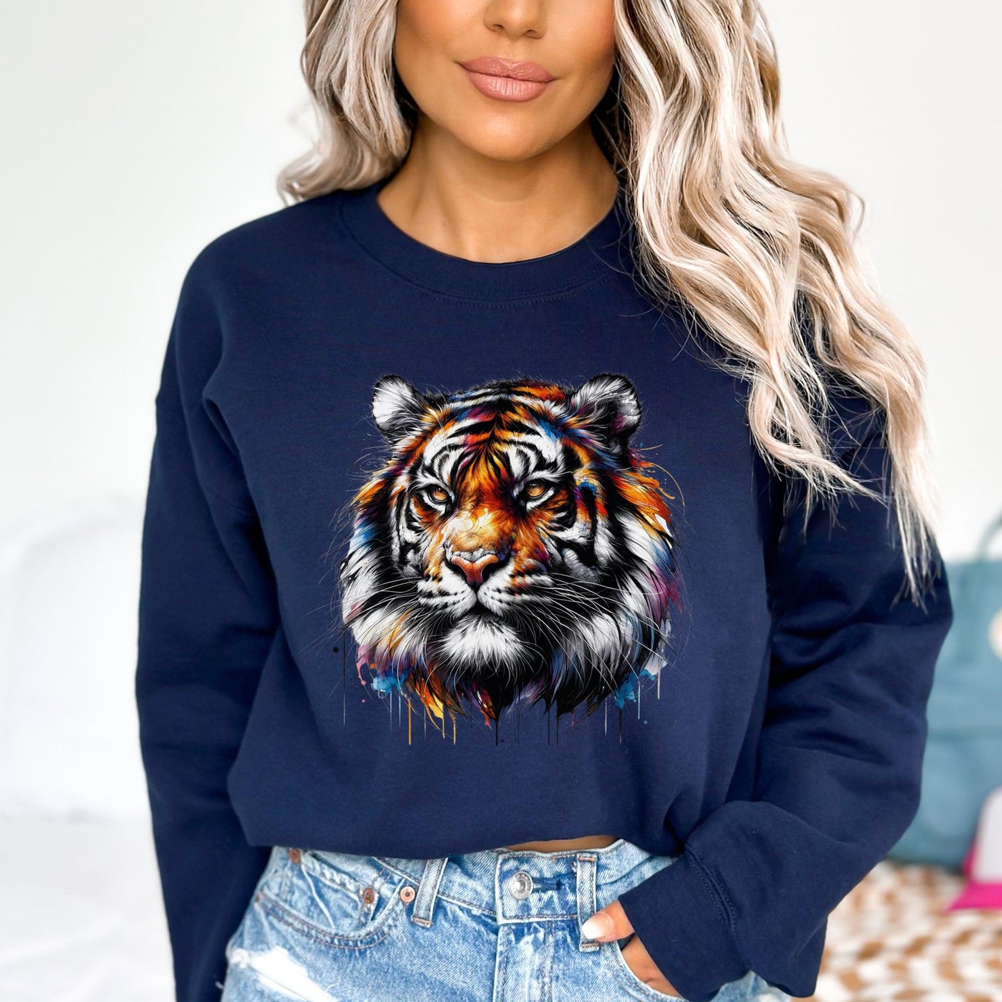 Vibrant Tiger Unisex Sweatshirt Animal lover crewneck Black Navy Dark Heather-Navy-Family-Gift-Planet