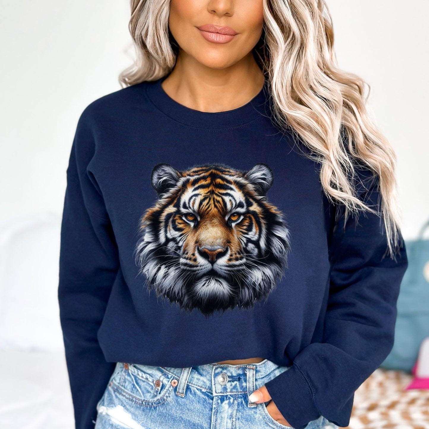Strong Spirit Tiger Unisex Sweatshirt Black Navy Dark Heather-Navy-Family-Gift-Planet
