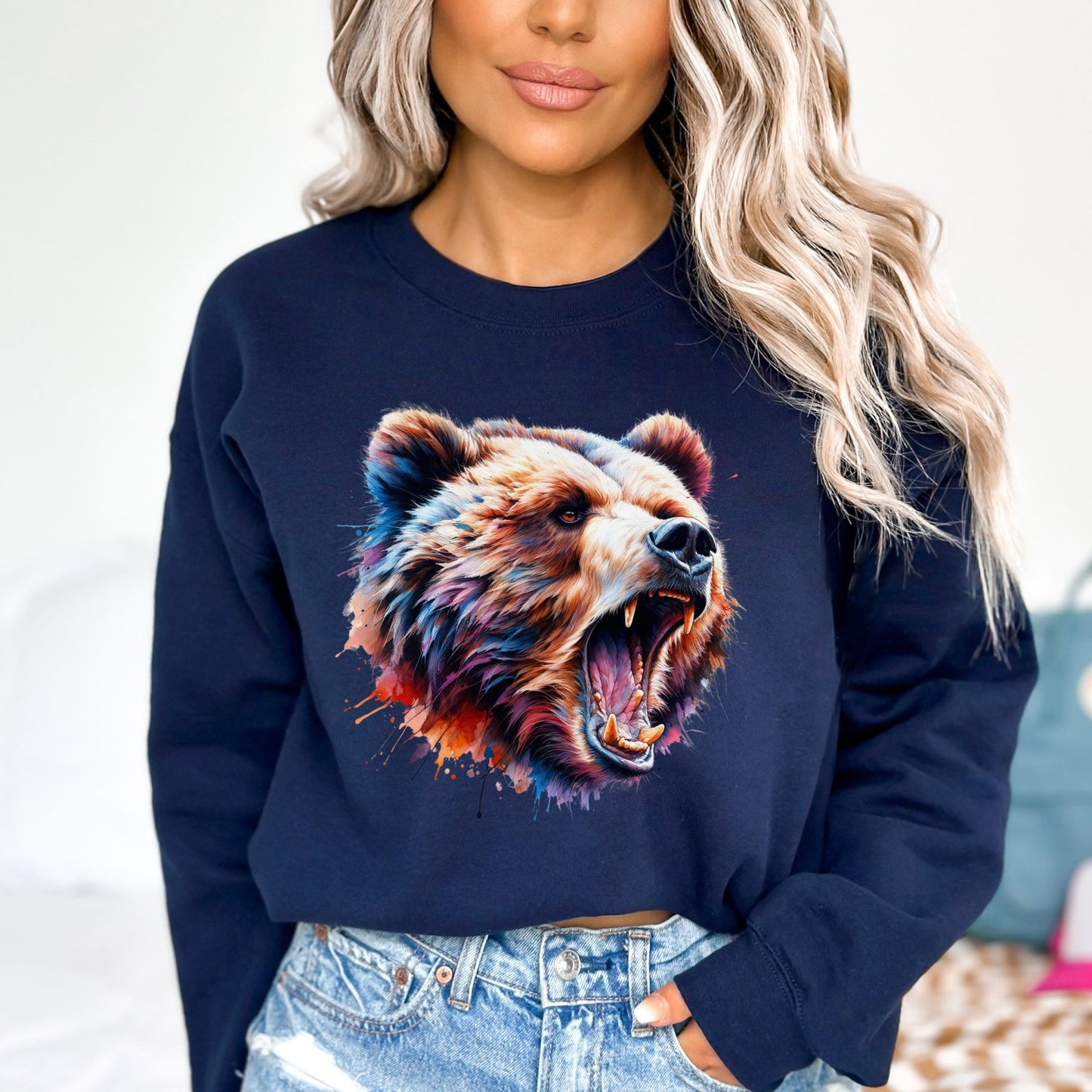 Growling Bear Color Splash Unisex Sweatshirt Black Navy Dark Heather-Navy-Family-Gift-Planet