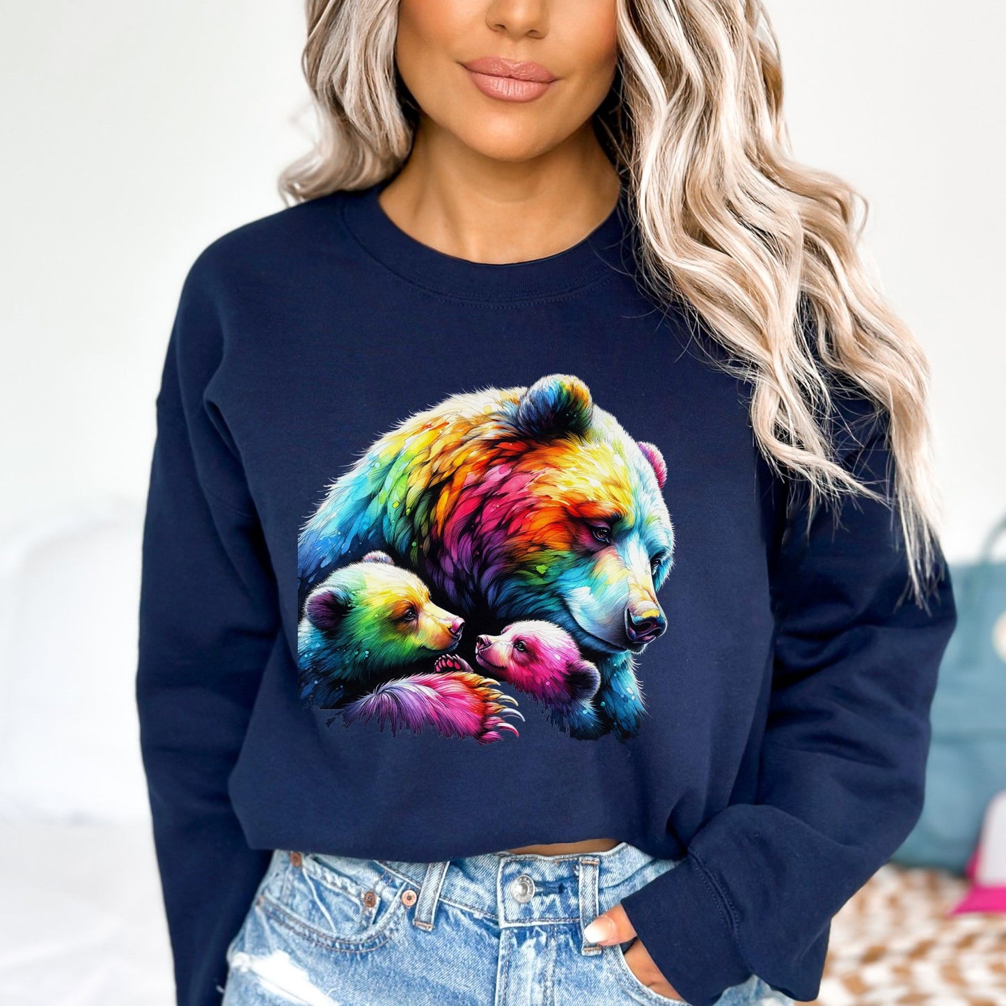 Mama Bear Mom of two Colorful Unisex Sweatshirt Black Navy Dark Heather-Navy-Family-Gift-Planet