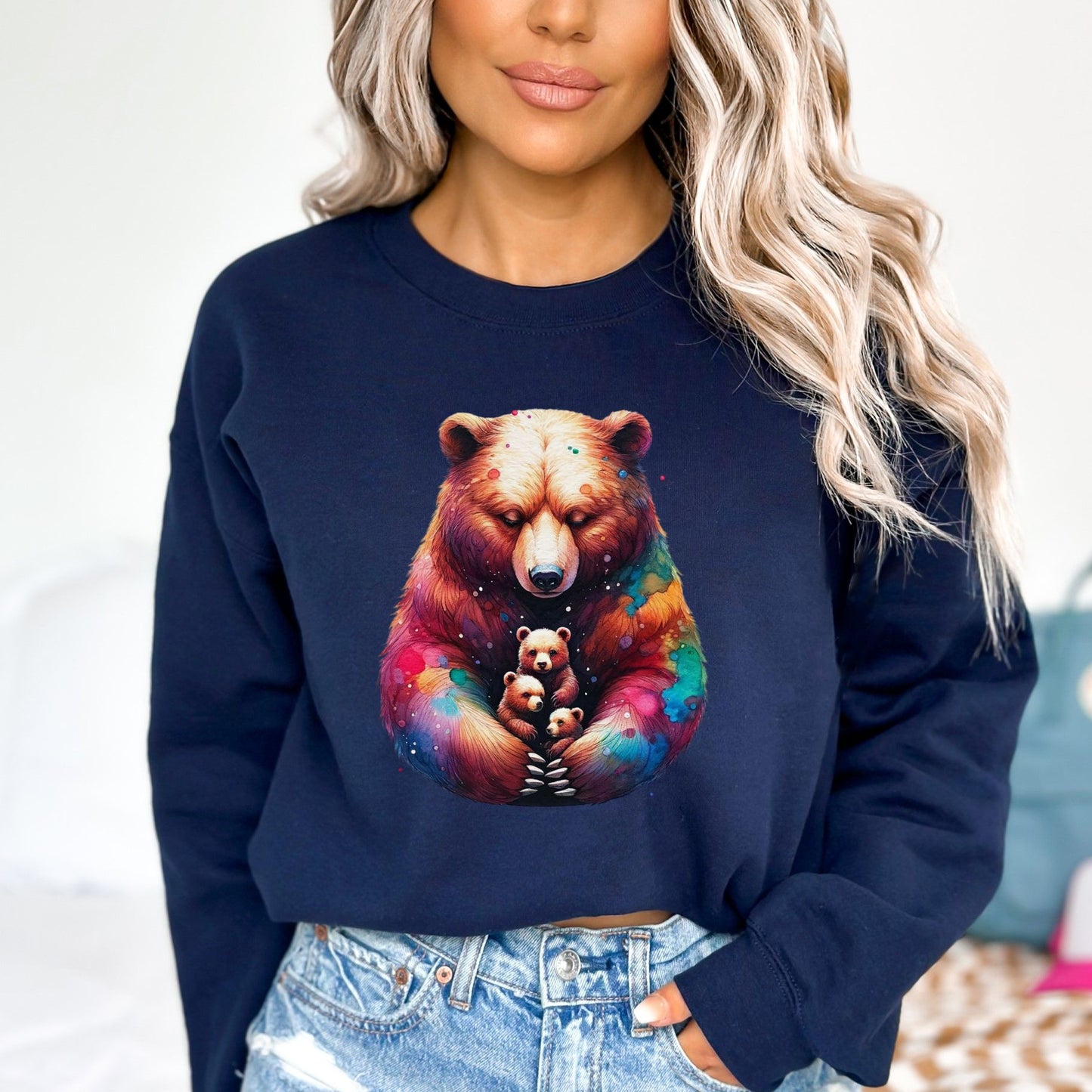 Mama Bear Mom of three Color Splash Unisex Sweatshirt Black Navy Dark Heather-Navy-Family-Gift-Planet