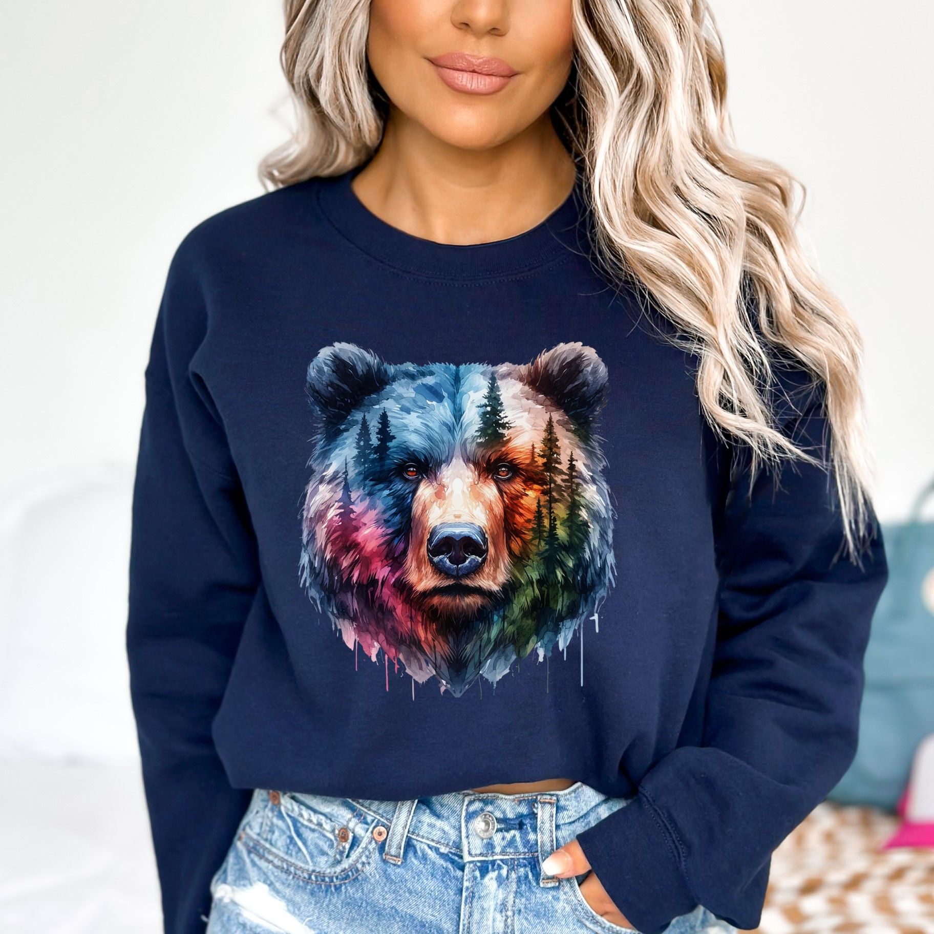 Grizzly and Forest Watercolor Unisex Sweatshirt Black Navy Dark Heather-Navy-Family-Gift-Planet