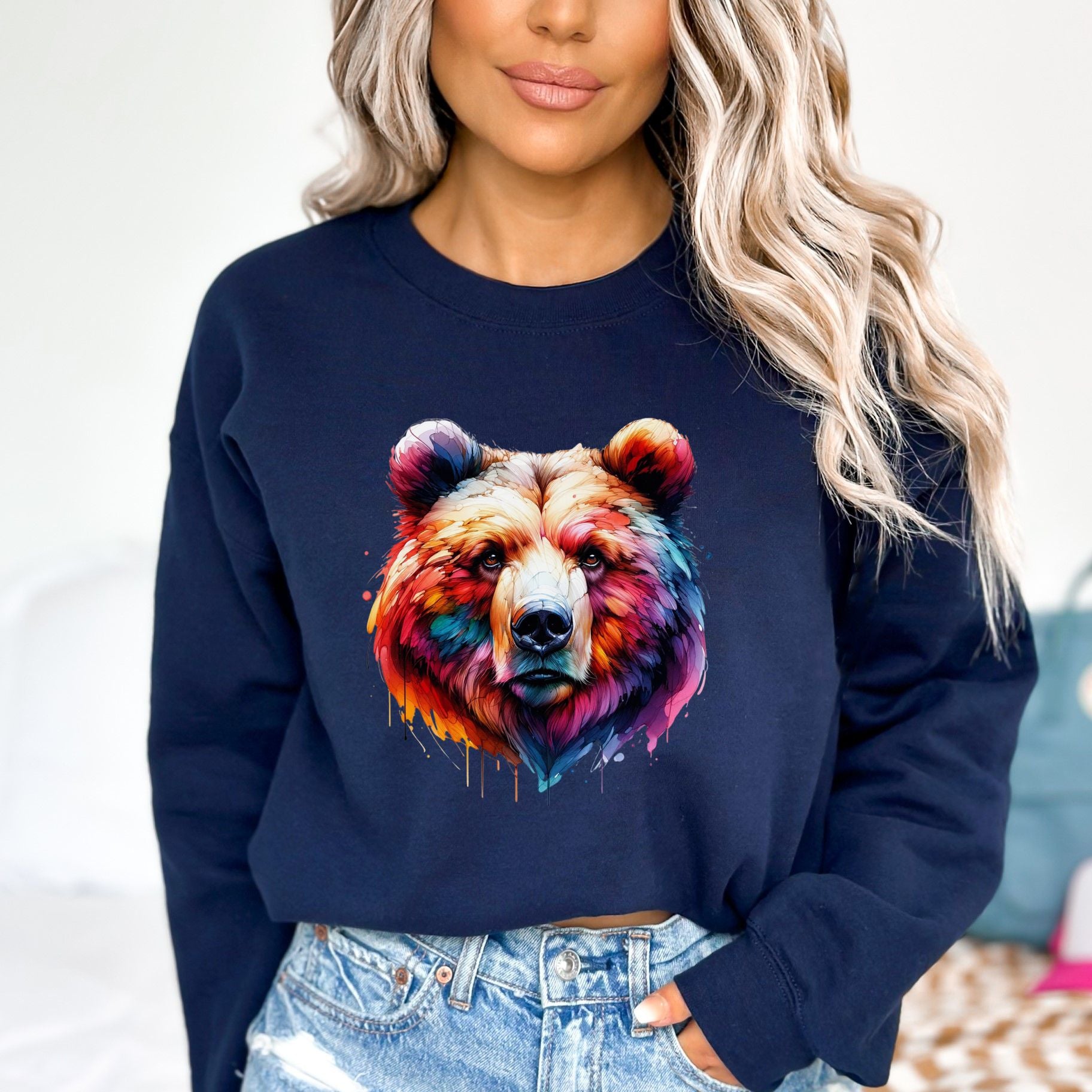 Papa bear colorful Color Splash Unisex Sweatshirt Black Navy Dark Heather-Navy-Family-Gift-Planet