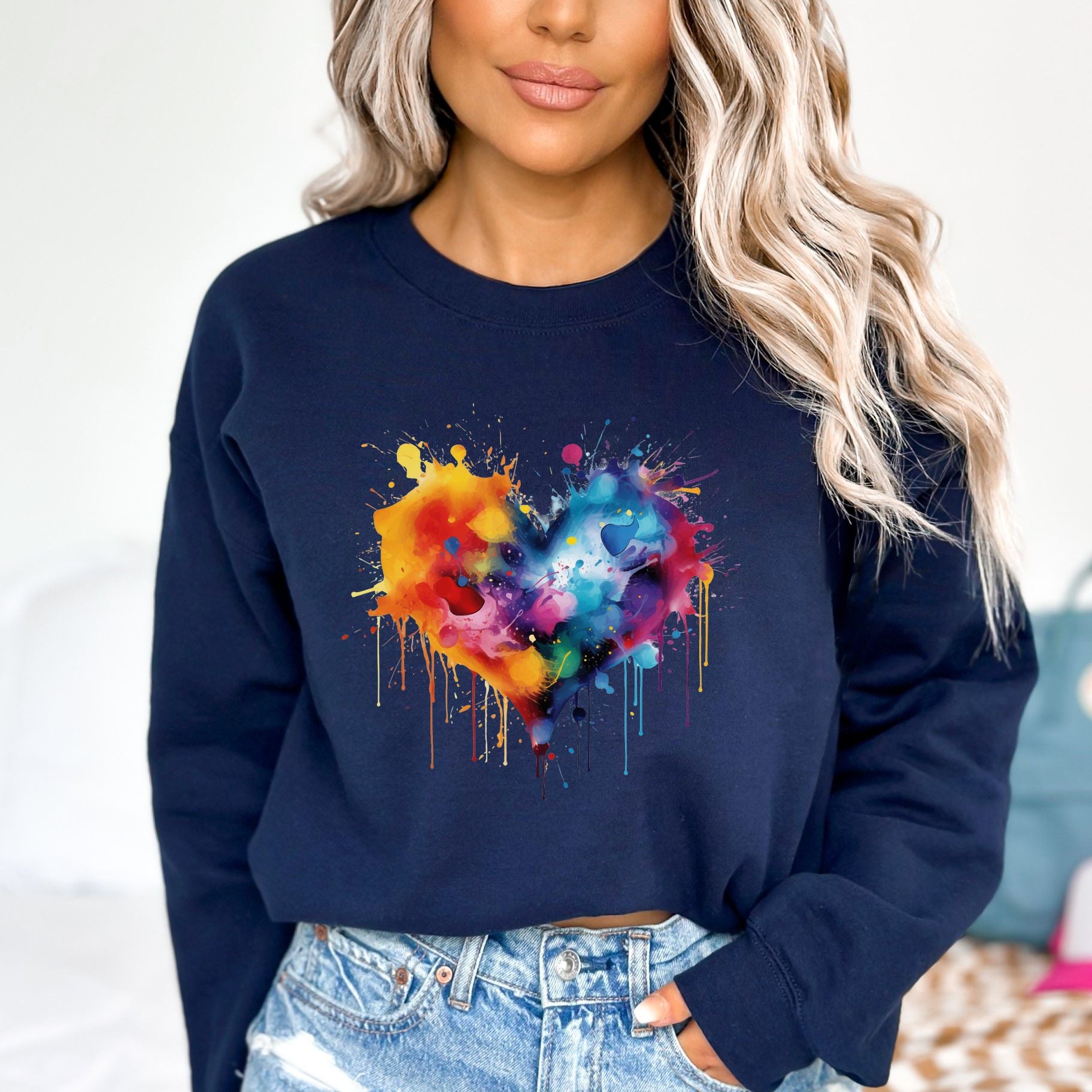 Artistic Heart Color Splash Unisex Sweatshirt Black Navy Dark Heather-Navy-Family-Gift-Planet