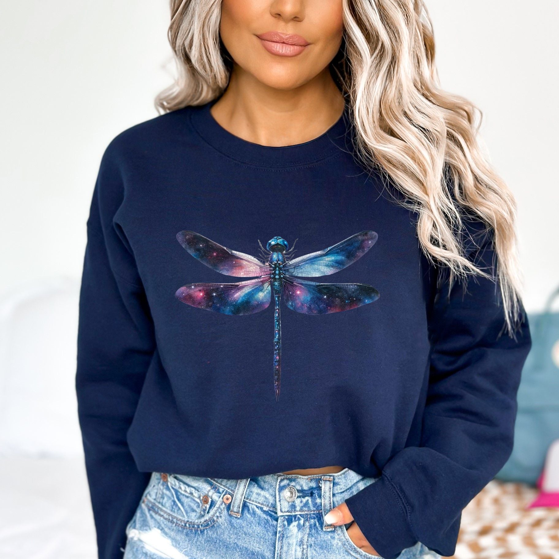 Cosmos Dragonfly Color Splash Unisex Sweatshirt Black Navy Dark Heather-Navy-Family-Gift-Planet