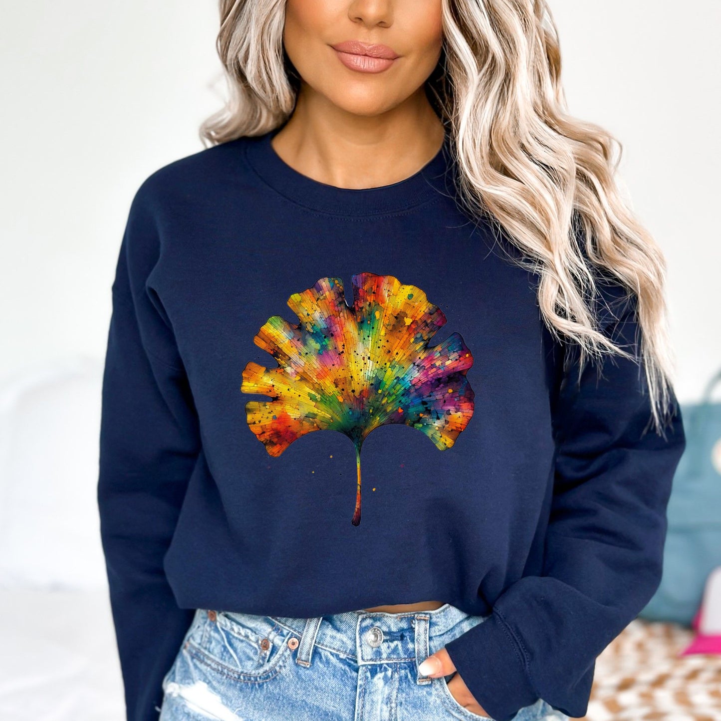 Cool Ginkgo Leaf Color Splash Unisex Sweatshirt Black Navy Dark Heather-Navy-Family-Gift-Planet