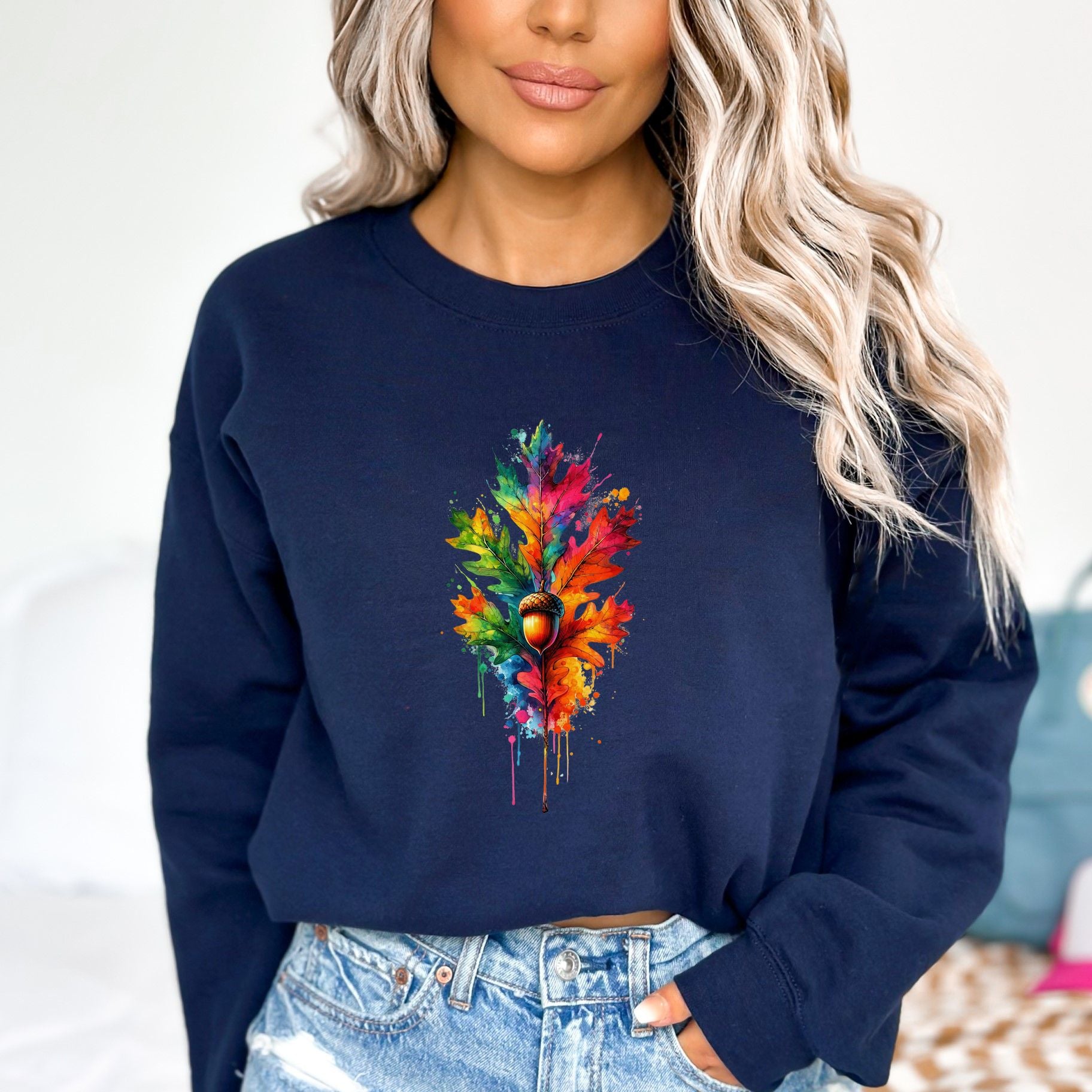 Abstract oak tree leaf Color Splash Unisex Sweatshirt Black Navy Dark Heather-Navy-Family-Gift-Planet