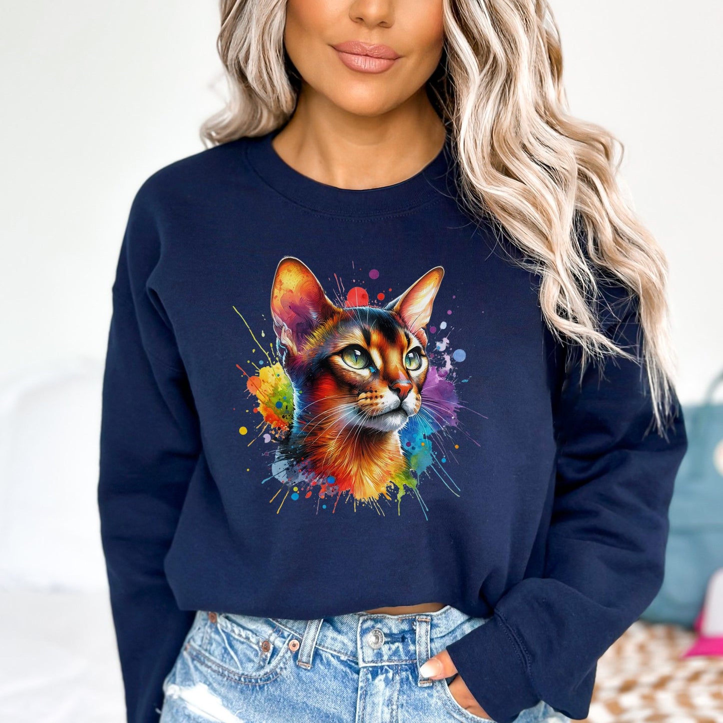 Abyssinian Color Splash Unisex Sweatshirt Black Navy Dark Heather-Navy-Family-Gift-Planet