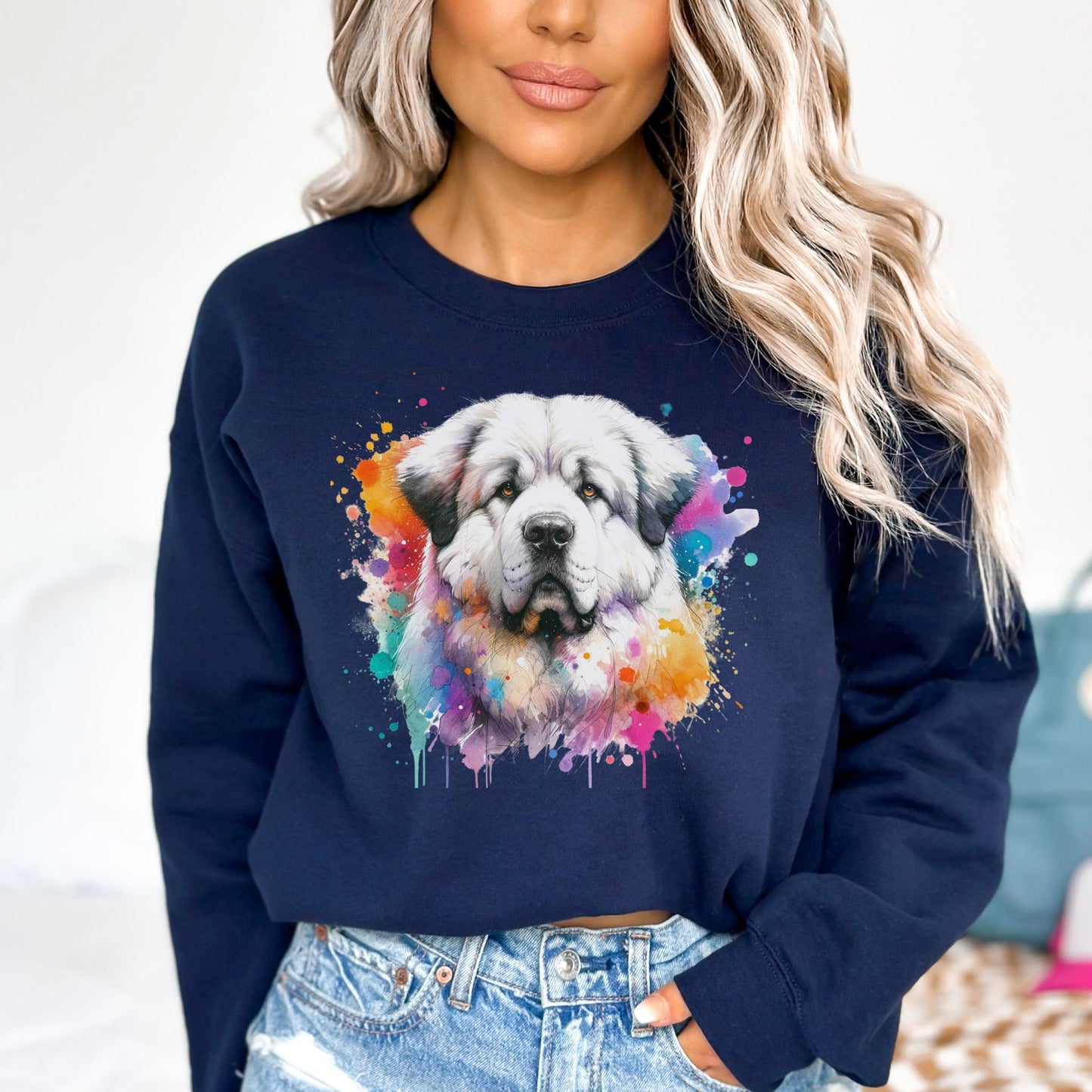 Akbash Dog mama Color Splash Unisex Sweatshirt Black Navy Dark Heather-Navy-Family-Gift-Planet