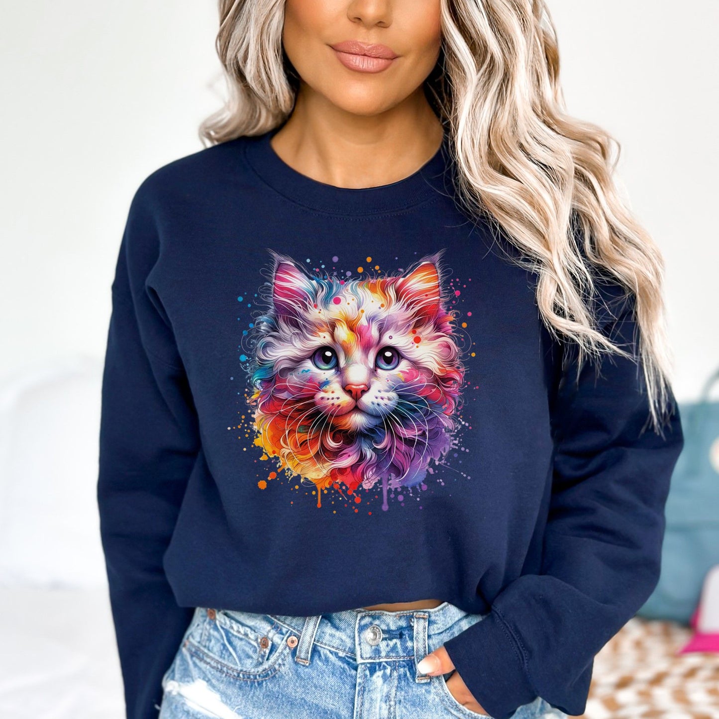 American Curl Cat Color Splash Unisex Sweatshirt Black Navy Dark Heather-Navy-Family-Gift-Planet