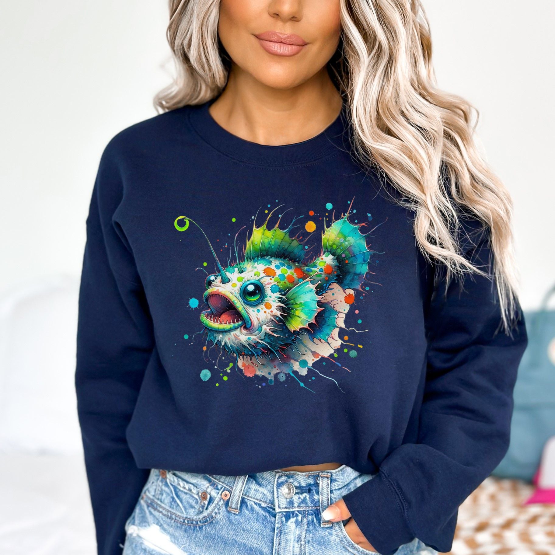 Artistic Anglerfish deep fish Color Splash Unisex Sweatshirt Black Navy Dark Heather-Family-Gift-Planet