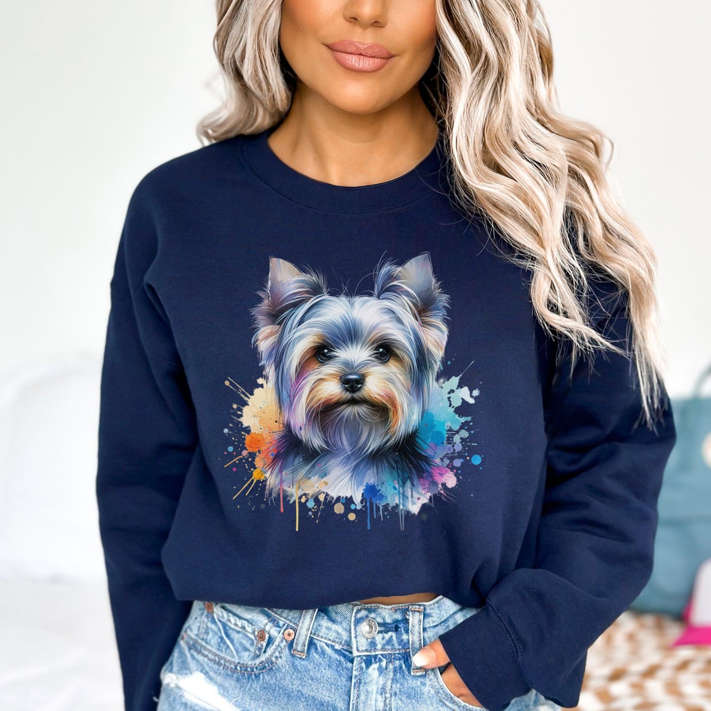 Australian Silky Terrier dog mama Color Splash Unisex Sweatshirt Black Navy Dark Heather-Navy-Family-Gift-Planet