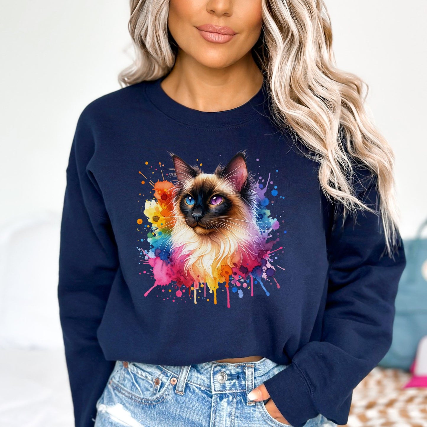 Balinese Cat Color Splash Unisex Sweatshirt Black Navy Dark Heather-Navy-Family-Gift-Planet