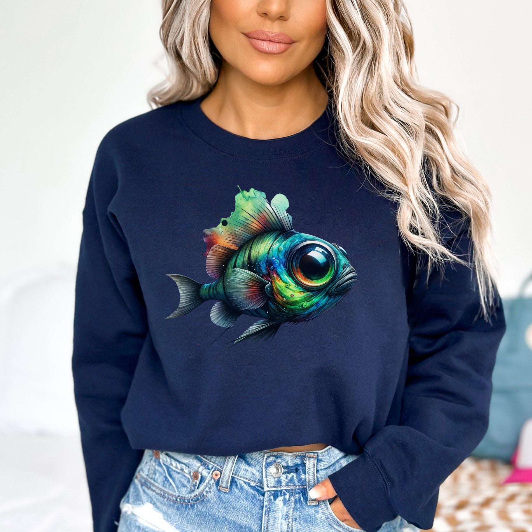 Barreleye Fish spook fish Color Splash Unisex Sweatshirt Black Navy Dark Heather-Navy-Family-Gift-Planet