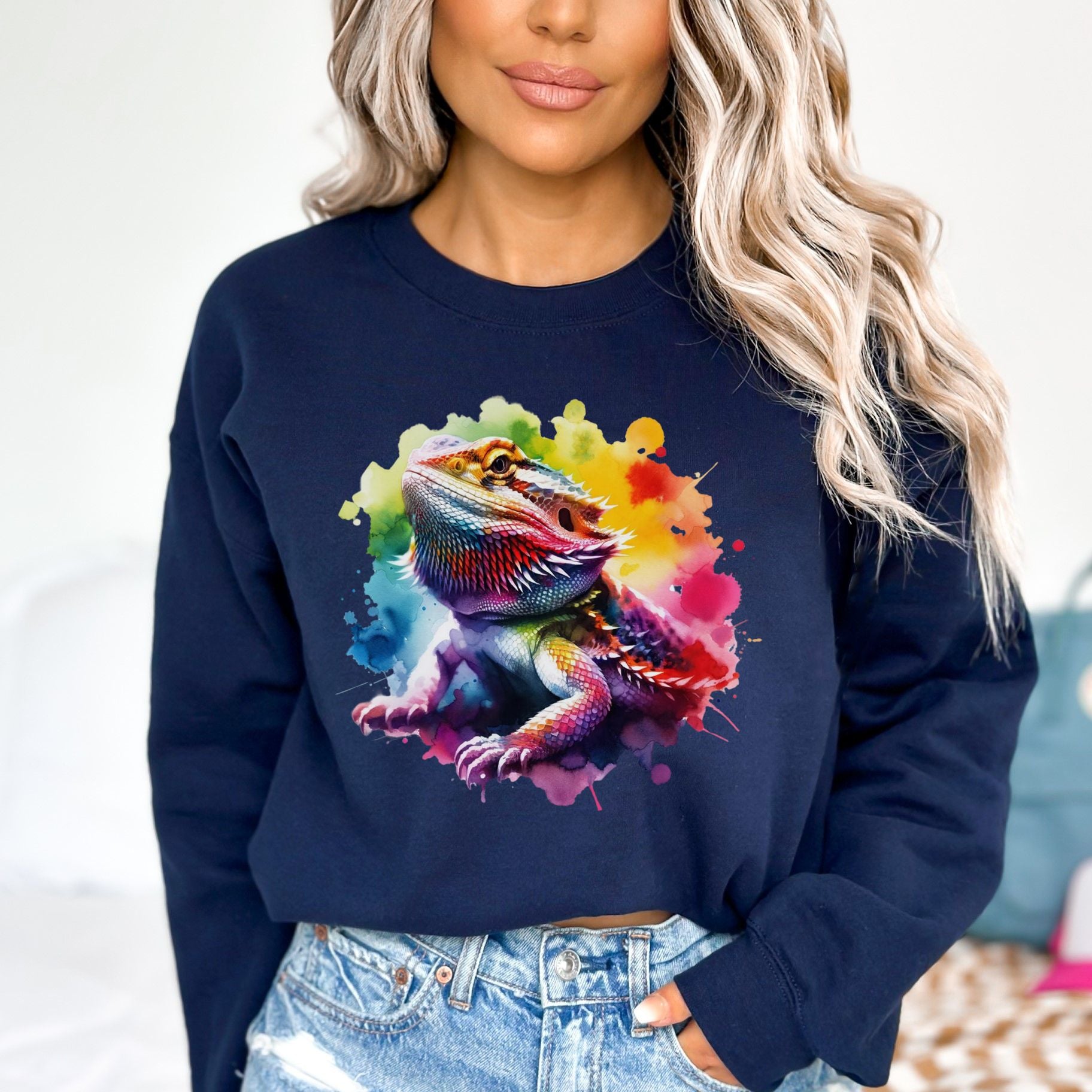 Bearded Dragon mom Color Splash Unisex Sweatshirt Black Navy Dark Heather-Family-Gift-Planet